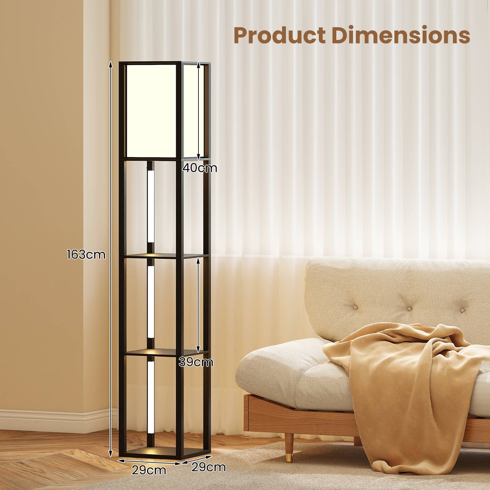 Costway - Lampadaire avec Étagères, Lampe Étagère avec 3 Bandes LED & Abat-jour, Luminosité Réglable à 3 Niveaux, Interrupteur au Pied pour Salon, Chambre - Image 2