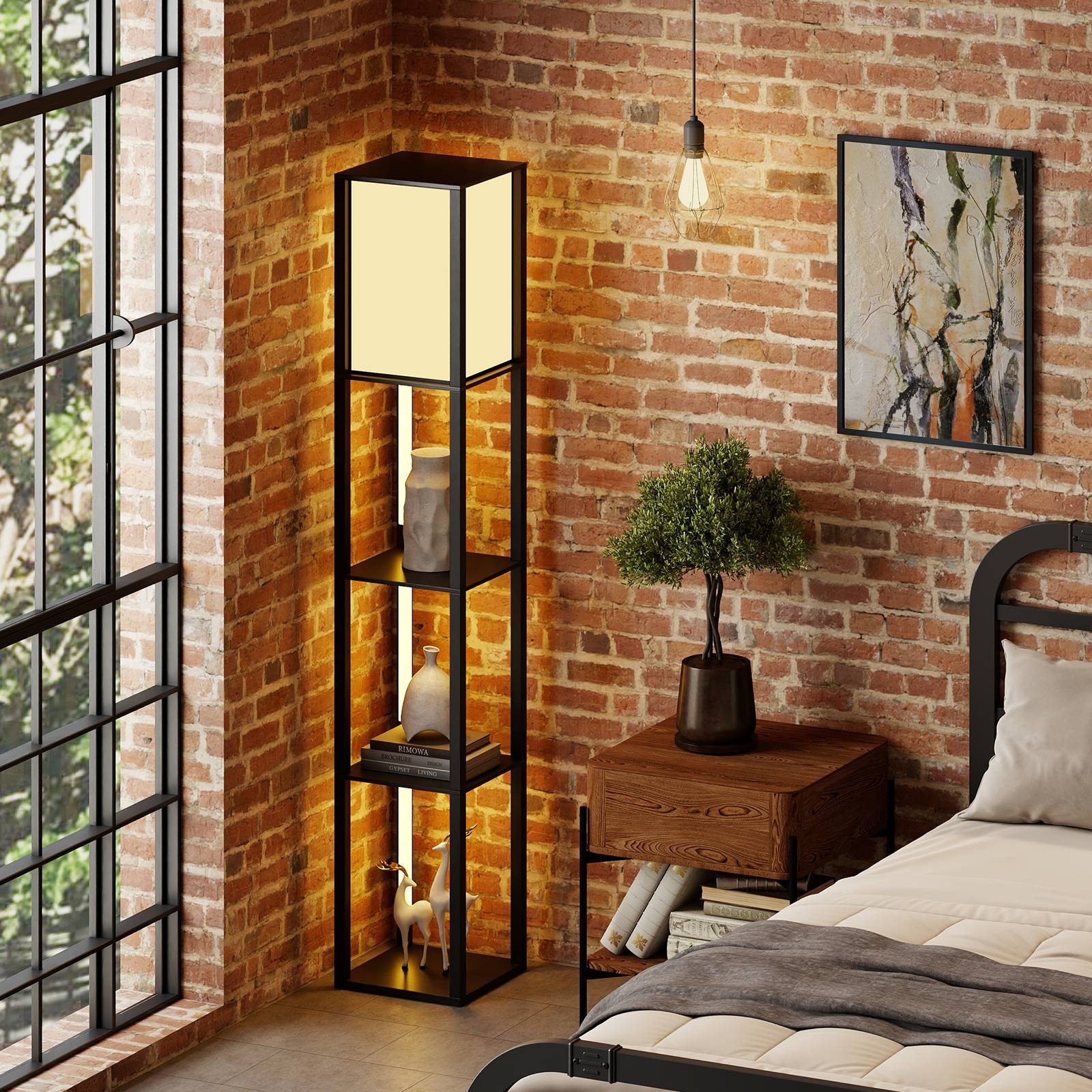 Costway - Lampadaire avec Étagères, Lampe Étagère avec 3 Bandes LED & Abat-jour, Luminosité Réglable à 3 Niveaux, Interrupteur au Pied pour Salon, Chambre - Image 5