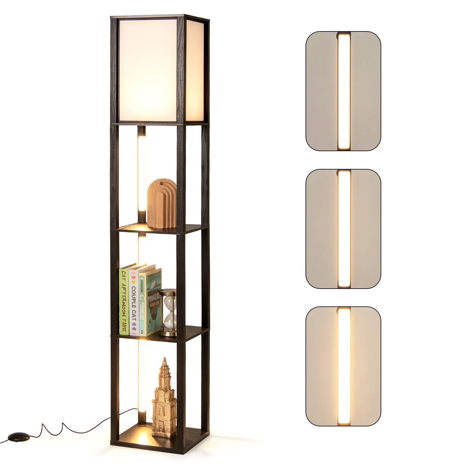 Costway - Lampadaire avec Étagères, Lampe Étagère avec 3 Bandes LED & Abat-jour, Luminosité Réglable à 3 Niveaux, Interrupteur au Pied pour Salon, Chambre - Image 1