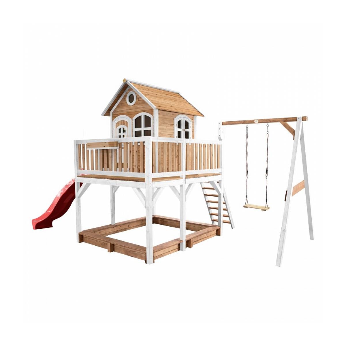 Maisonnette en Bois AXI LIAM Brun Blanc avec Toboggan Rouge, Balançoire et Bac à Sable - Image 1