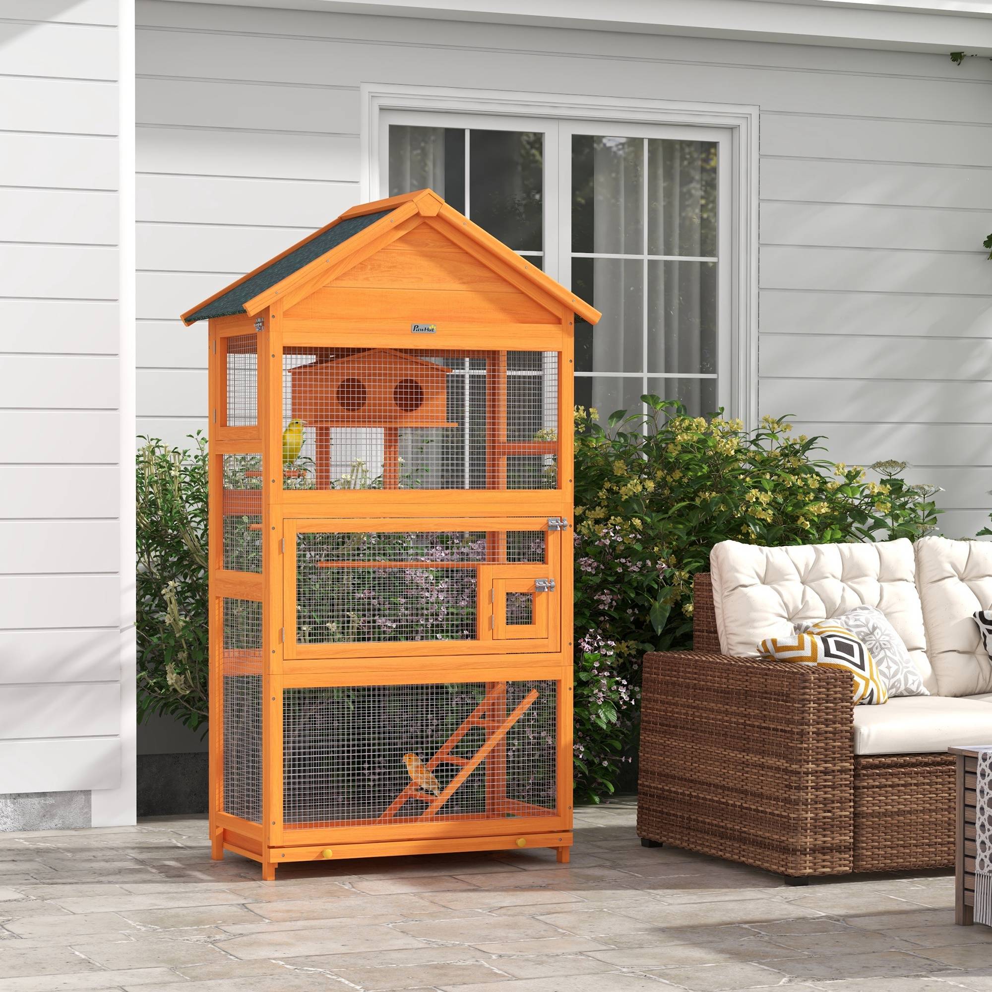 Cage à oiseaux en bois cage perroquet aire de jeux toit asphalte imperméable 92 x 52 x 171 cm orange - Image 3