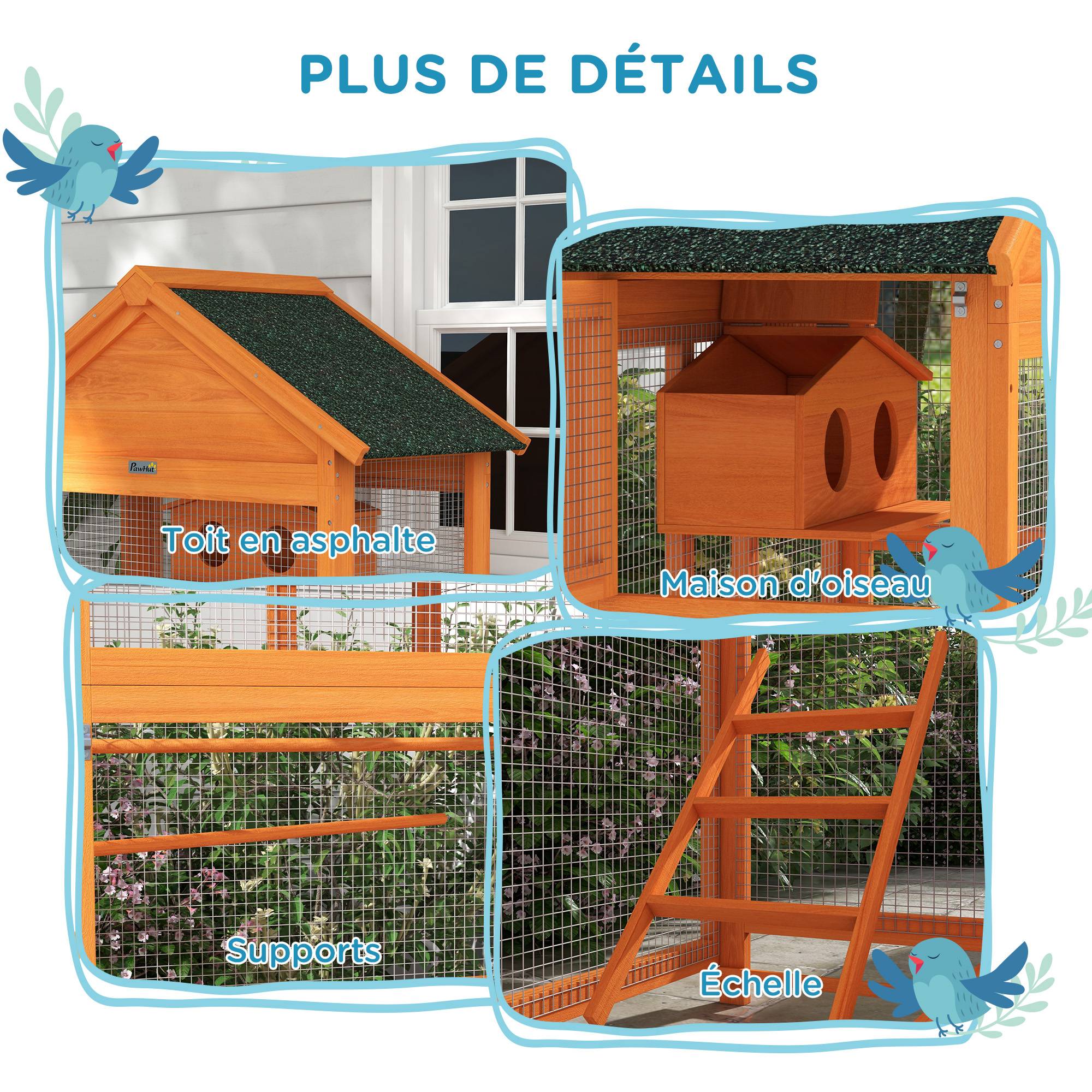 Cage à oiseaux en bois cage perroquet aire de jeux toit asphalte imperméable 92 x 52 x 171 cm orange - Image 9