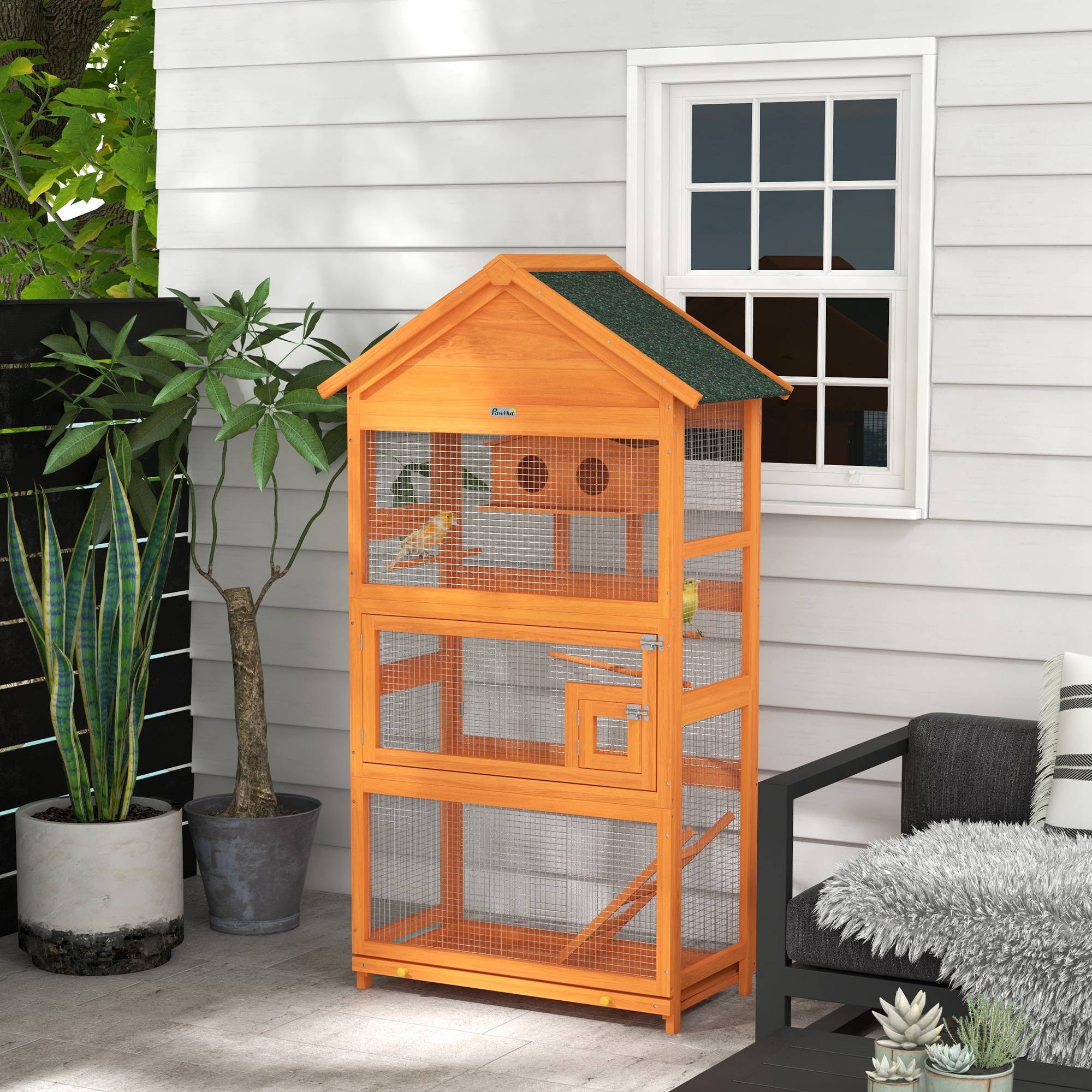 Cage à oiseaux en bois cage perroquet aire de jeux toit asphalte imperméable 92 x 52 x 171 cm orange - Image 4