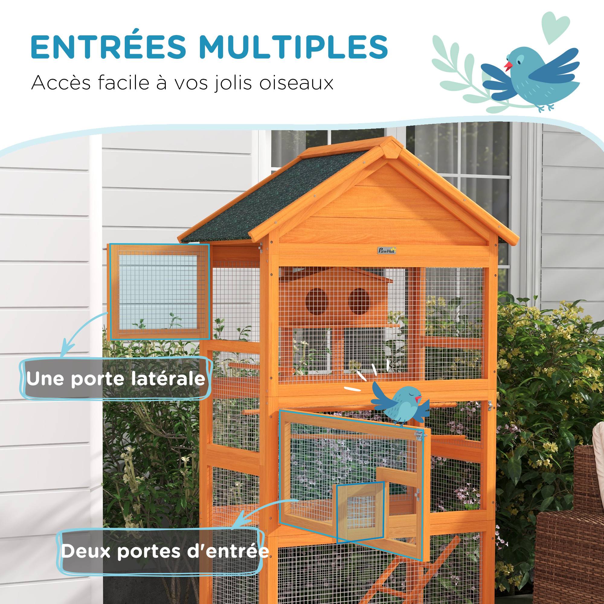 Cage à oiseaux en bois cage perroquet aire de jeux toit asphalte imperméable 92 x 52 x 171 cm orange - Image 7