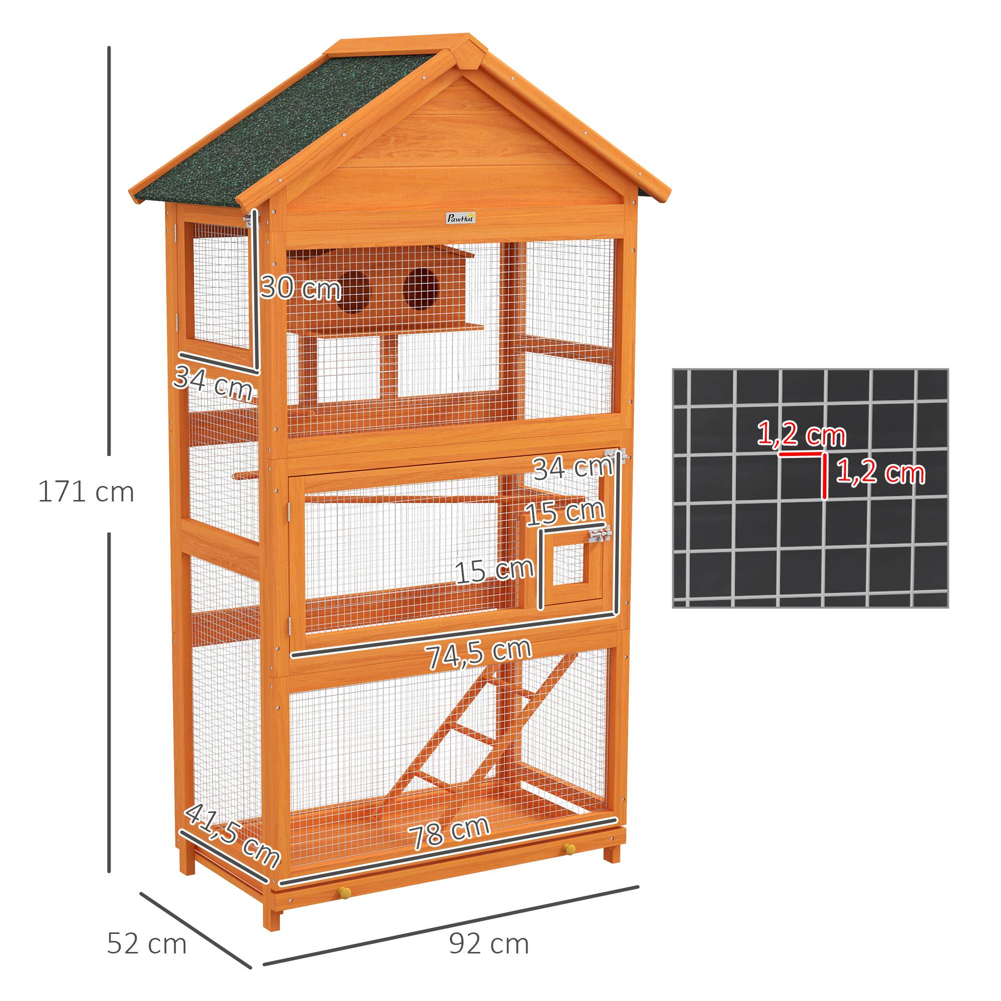 Cage à oiseaux en bois cage perroquet aire de jeux toit asphalte imperméable 92 x 52 x 171 cm orange - Image 5