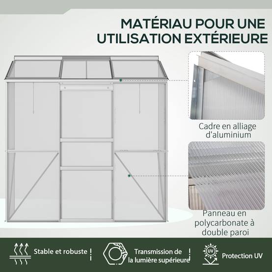 Outsunny - Serre de jardin adossée 190x70x200cm fenêtres ouvrables 5 niveaux polycarbonate aluminium transparent - Outsunny - Image 4