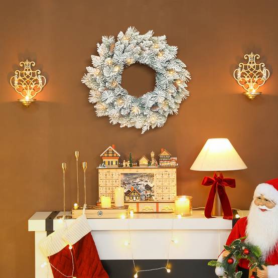 Couronne de Noël lumineuse 60 cm avec 35 LED blanc chaud, minuterie, 98 pointes, pommes de pin, vert et blanc - Image 3