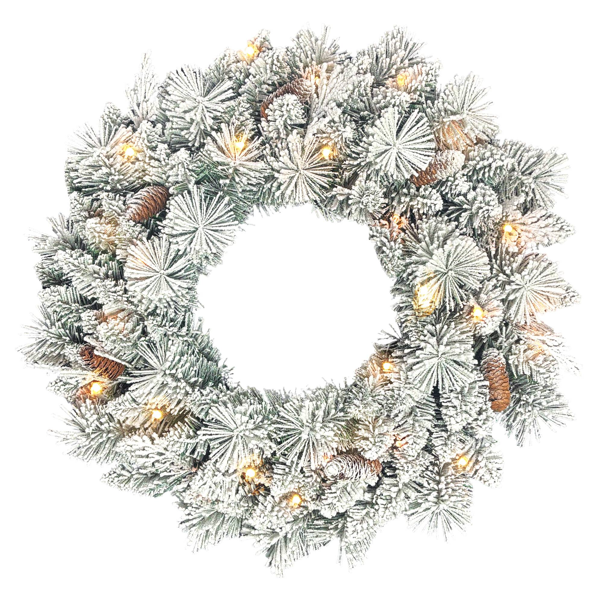 Couronne de Noël lumineuse 60 cm avec 35 LED blanc chaud, minuterie, 98 pointes, pommes de pin, vert et blanc - Image 2