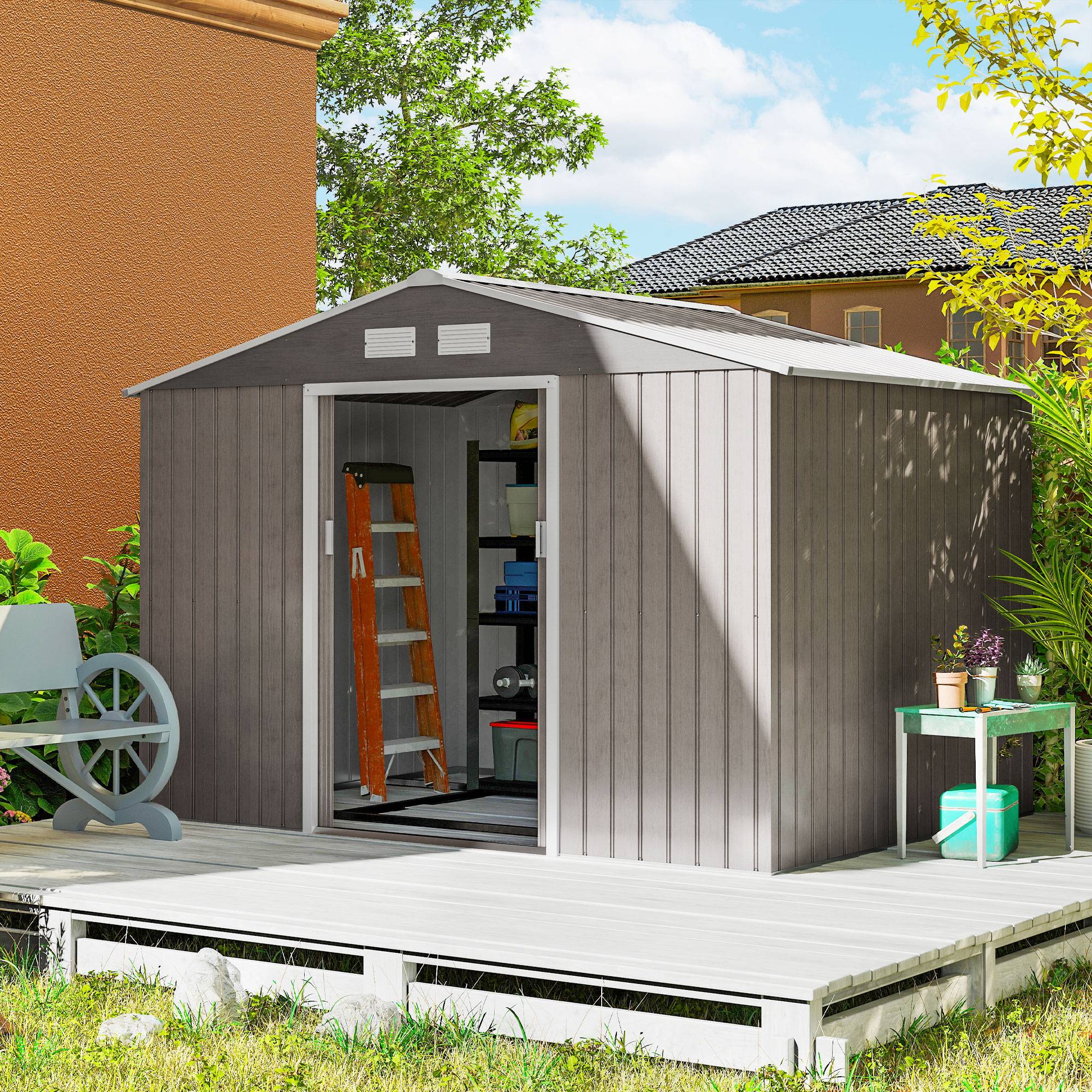 Abri de jardin de 4,9 m² (277 x 195 x 192 cm) avec 2 portes coulissantes, toit en pente et 4 fenêtres imitation bois - Image 3