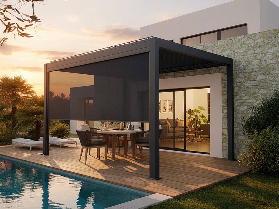 Pergola Bioclimatique Autoportée Motorisée 12m² 3x4m Gris Anthracite STELLAR - Eclairage Intégré - Image 1