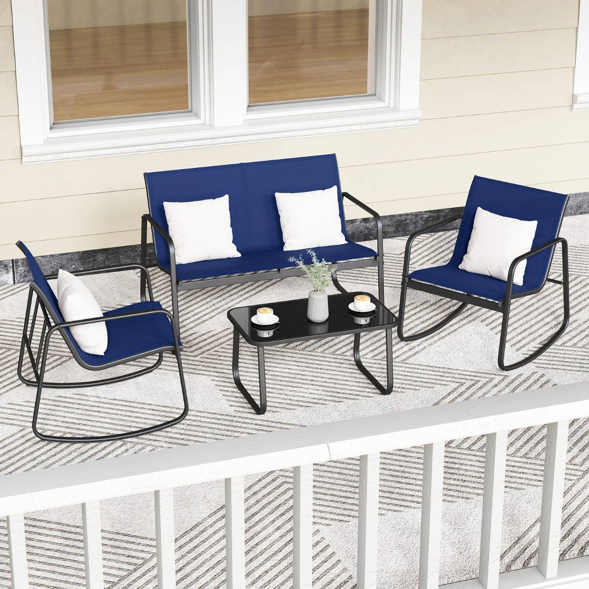 Ensemble de Meubles de Jardin 4 Pièces Mobilier de Terrasse avec Mouvement de Balancement Doux Bleu MAISON CHIC - Image 3
