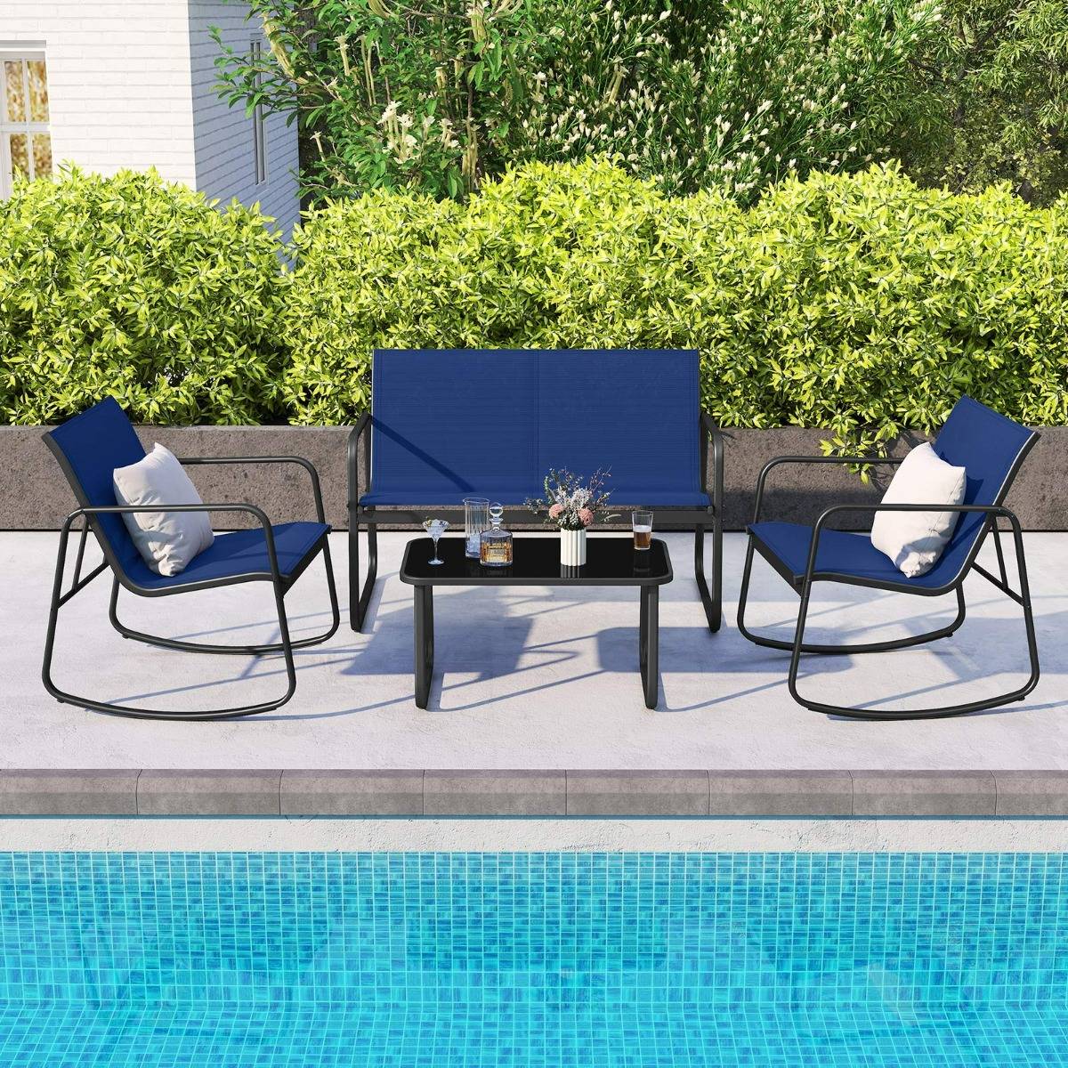 Ensemble de Meubles de Jardin 4 Pièces Mobilier de Terrasse avec Mouvement de Balancement Doux Bleu MAISON CHIC - Image 4
