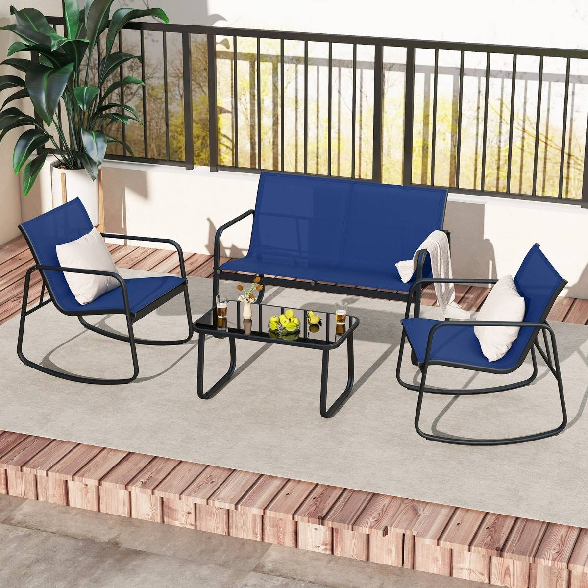 Ensemble de Meubles de Jardin 4 Pièces Mobilier de Terrasse avec Mouvement de Balancement Doux Bleu MAISON CHIC - Image 2