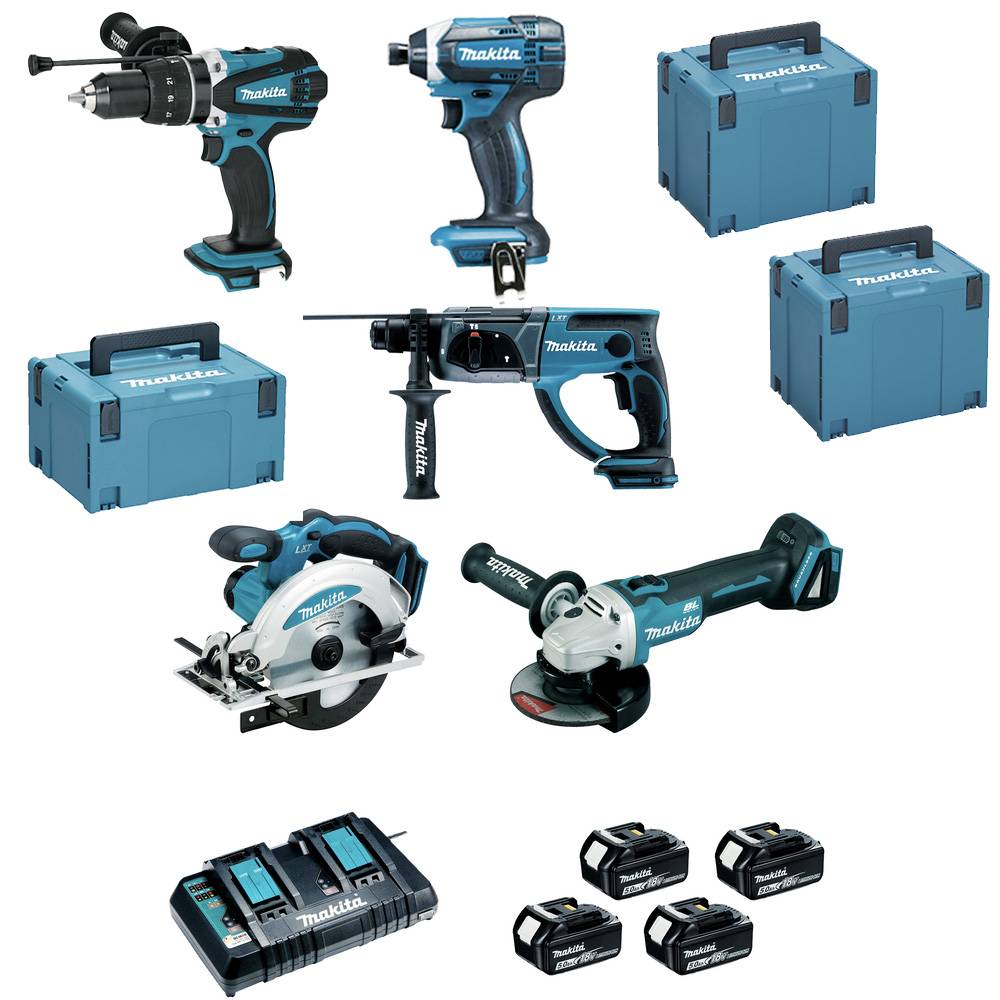 Pack de 5 machines MAKITA 18V - Perfo-burineur + Visseuse + Perceuse à percussion + Meuleuse + Scie circulaire - MAKITA - avec 4 batteries 18V 5Ah + c - Image 1