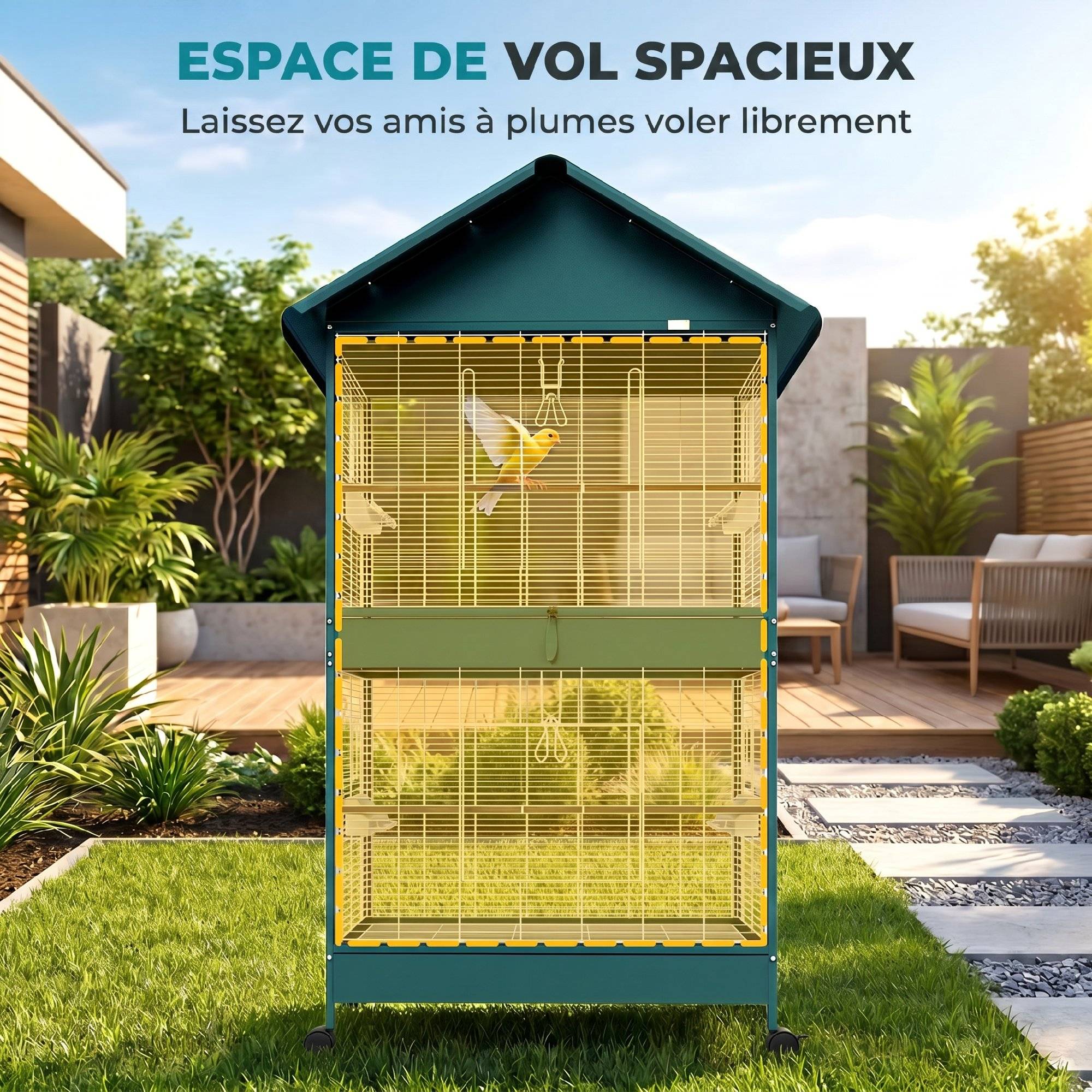 Sans Marque - Cage à oiseaux sur roulettes avec séparateur amovible, 4 mangeoires et 2 perchoirs, 2 plateaux coulissants, 94x70x158cm - Image 7