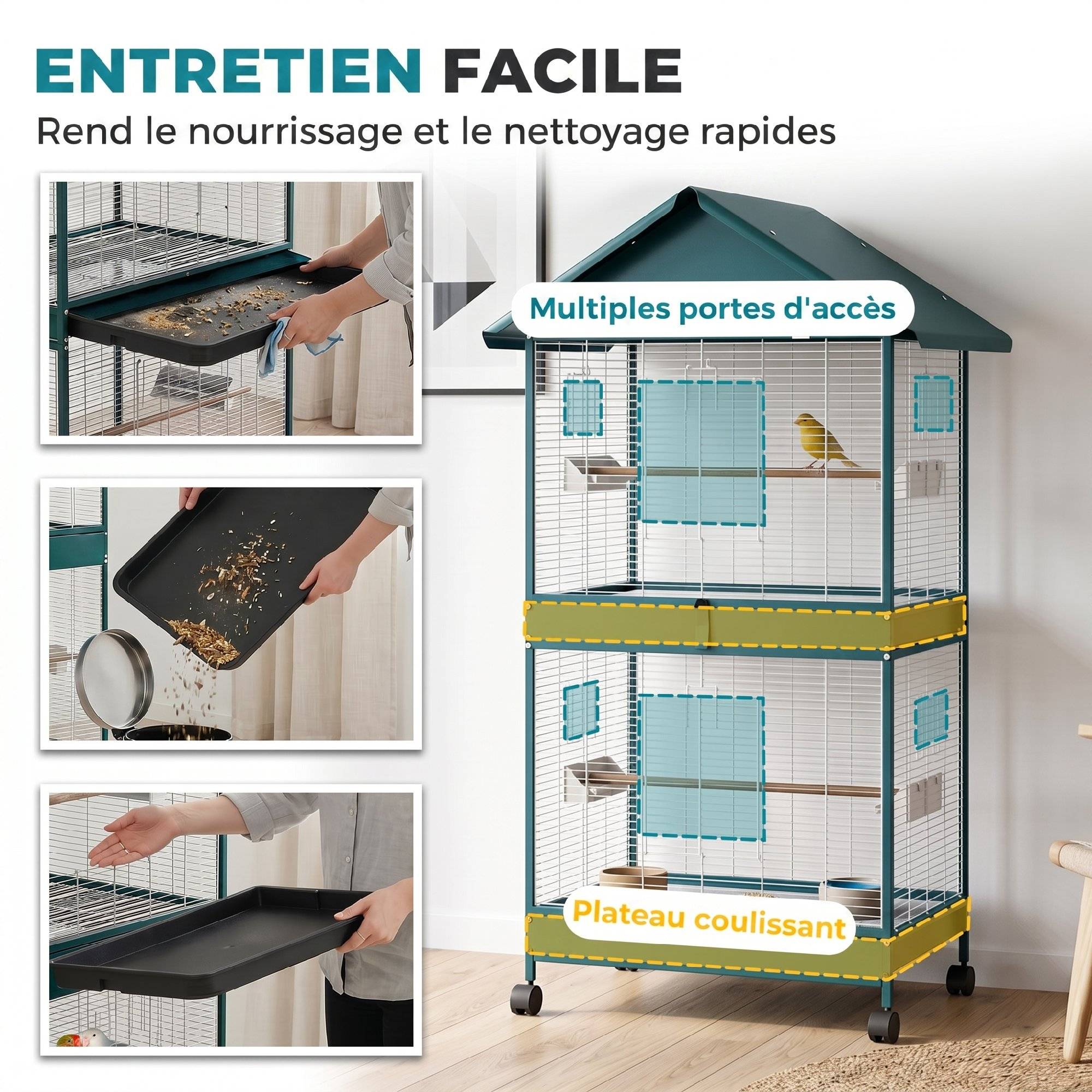 Sans Marque - Cage à oiseaux sur roulettes avec séparateur amovible, 4 mangeoires et 2 perchoirs, 2 plateaux coulissants, 94x70x158cm - Image 9