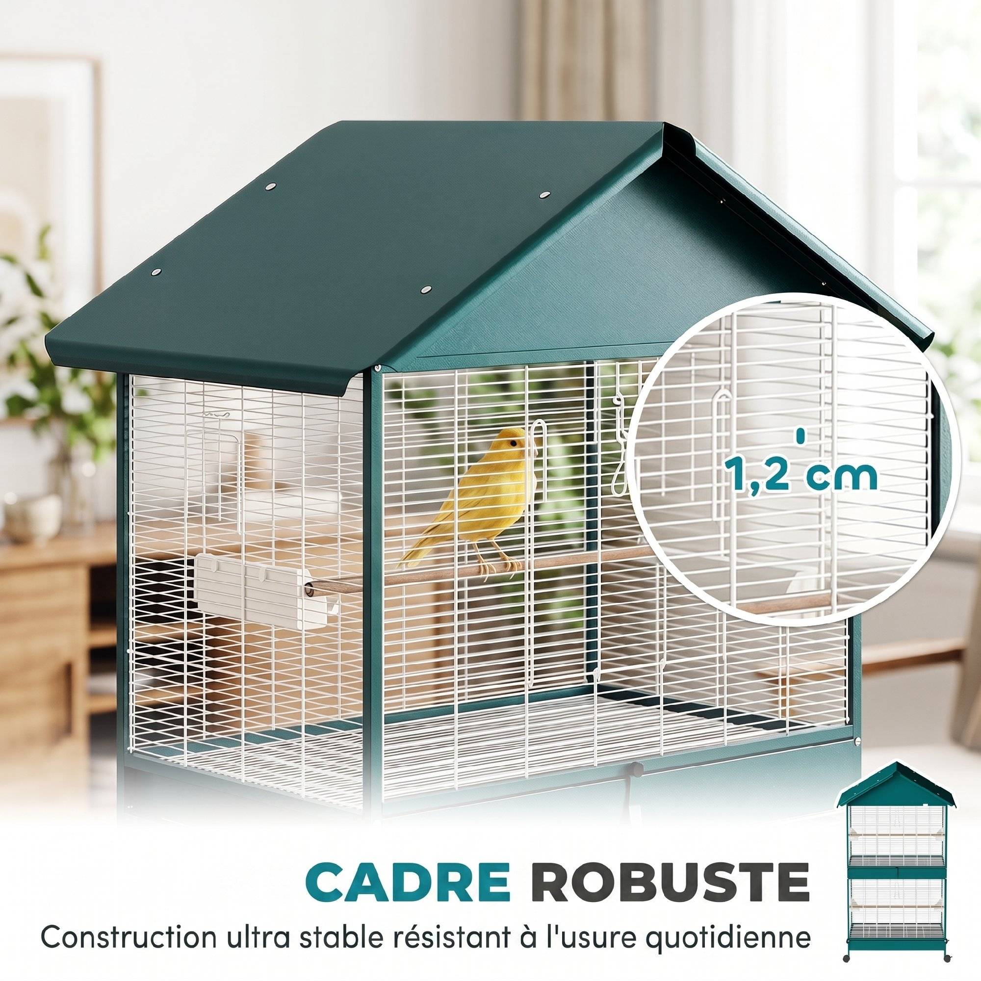 Sans Marque - Cage à oiseaux sur roulettes avec séparateur amovible, 4 mangeoires et 2 perchoirs, 2 plateaux coulissants, 94x70x158cm - Image 8