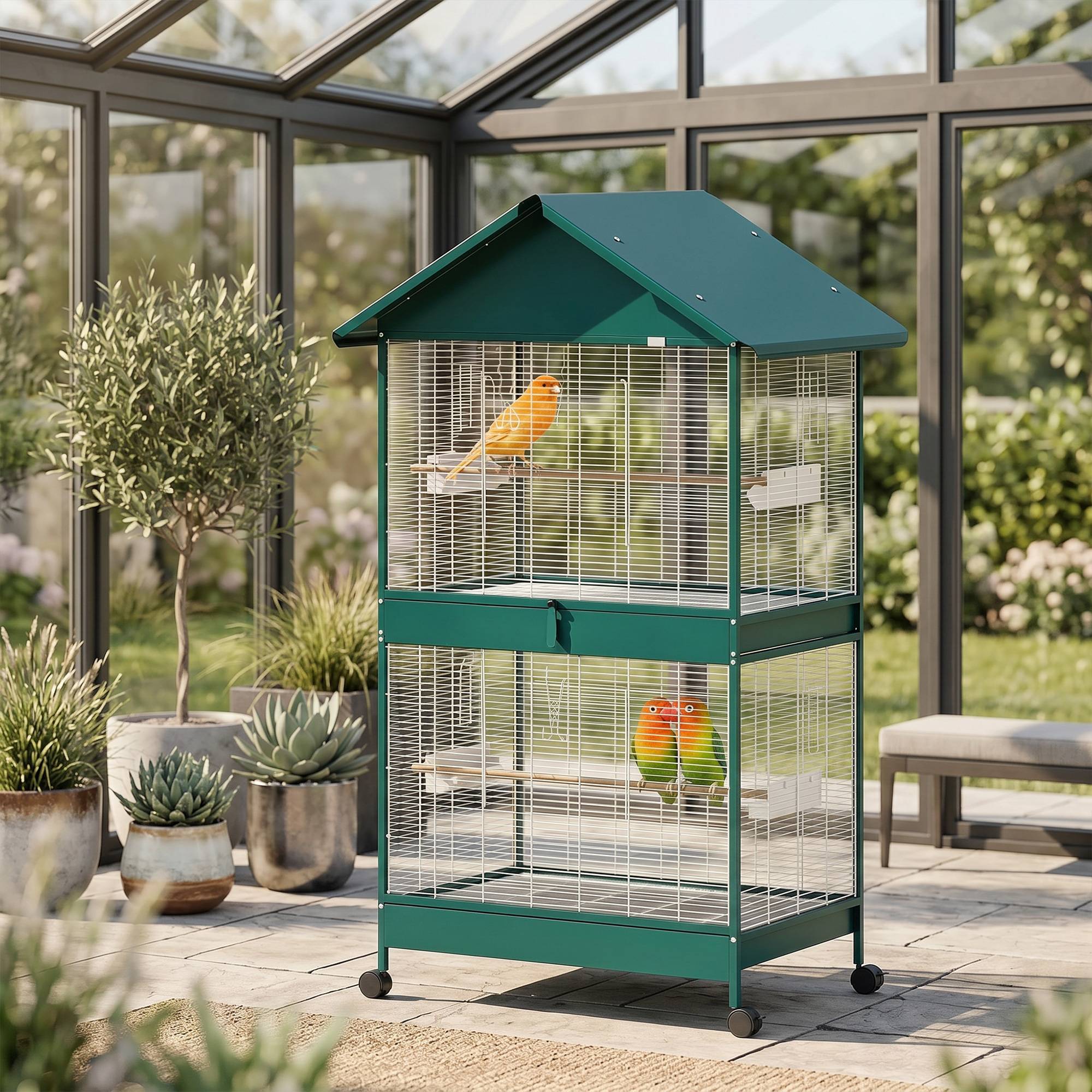 Sans Marque - Cage à oiseaux sur roulettes avec séparateur amovible, 4 mangeoires et 2 perchoirs, 2 plateaux coulissants, 94x70x158cm - Image 4