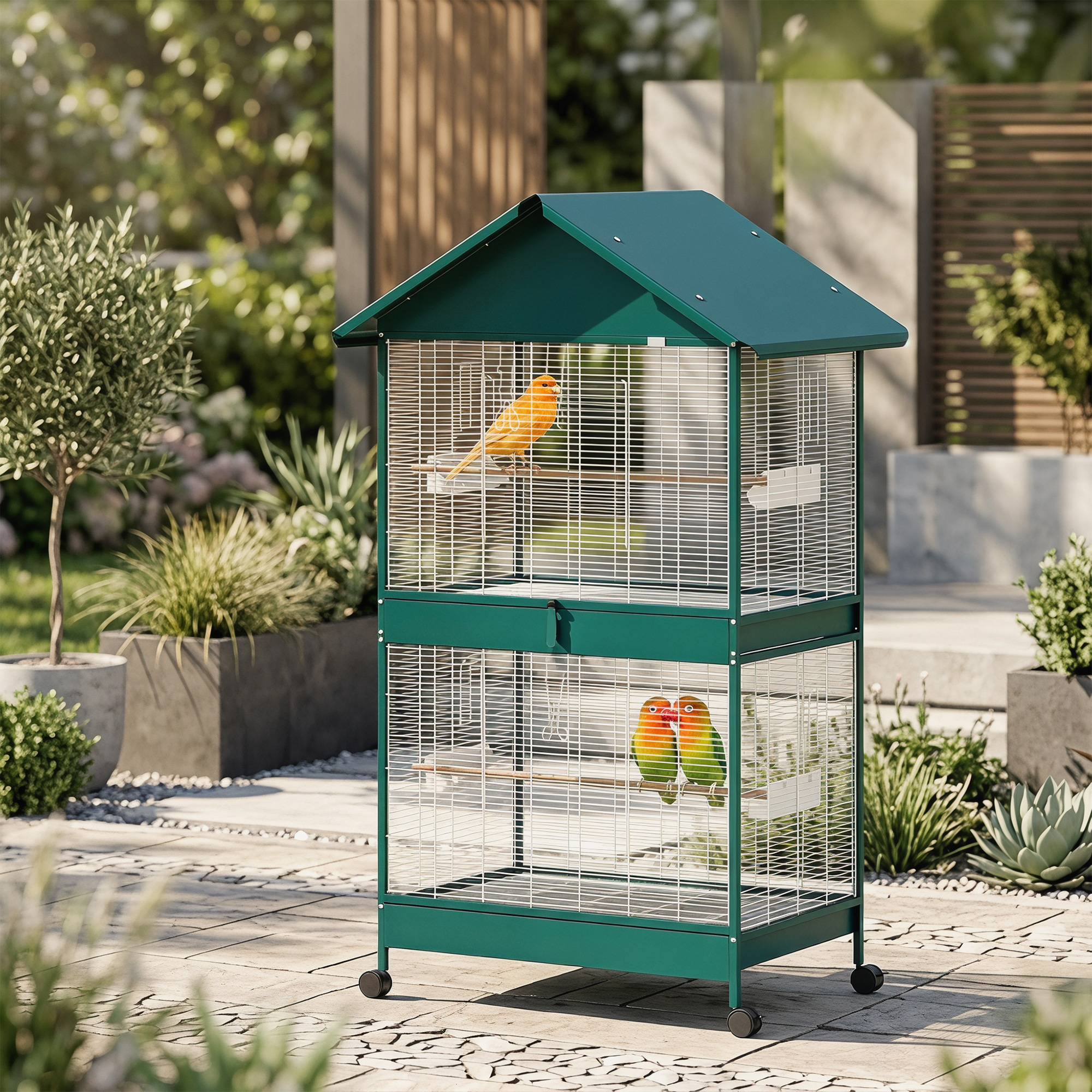 Sans Marque - Cage à oiseaux sur roulettes avec séparateur amovible, 4 mangeoires et 2 perchoirs, 2 plateaux coulissants, 94x70x158cm - Image 10
