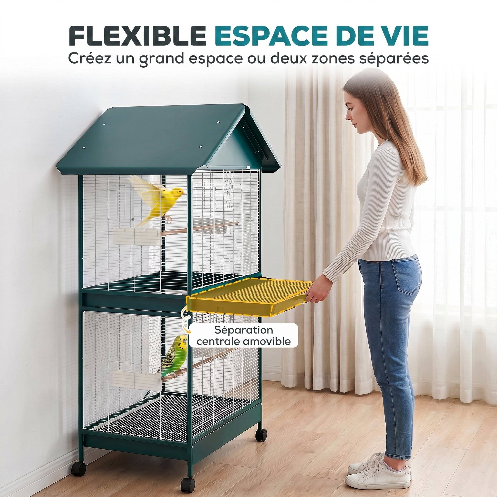 Sans Marque - Cage à oiseaux sur roulettes avec séparateur amovible, 4 mangeoires et 2 perchoirs, 2 plateaux coulissants, 94x70x158cm - Image 6