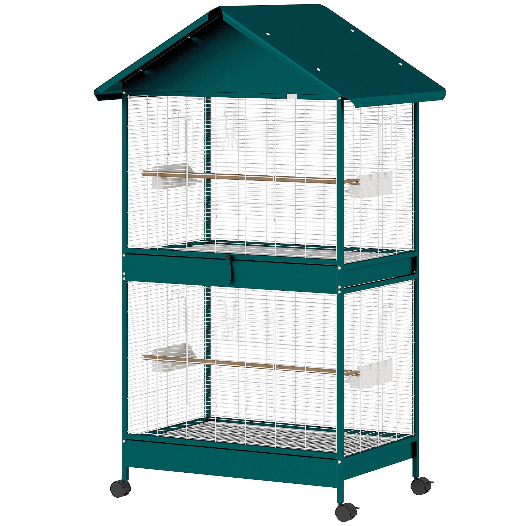 Sans Marque - Cage à oiseaux sur roulettes avec séparateur amovible, 4 mangeoires et 2 perchoirs, 2 plateaux coulissants, 94x70x158cm - Image 2