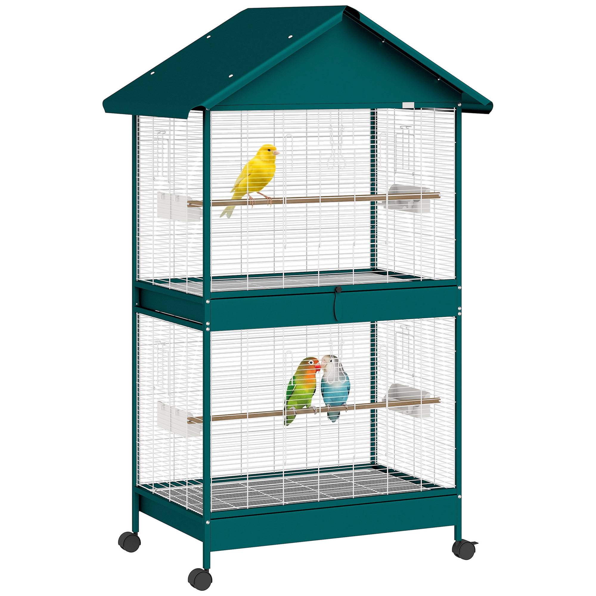 Sans Marque - Cage à oiseaux sur roulettes avec séparateur amovible, 4 mangeoires et 2 perchoirs, 2 plateaux coulissants, 94x70x158cm - Image 1