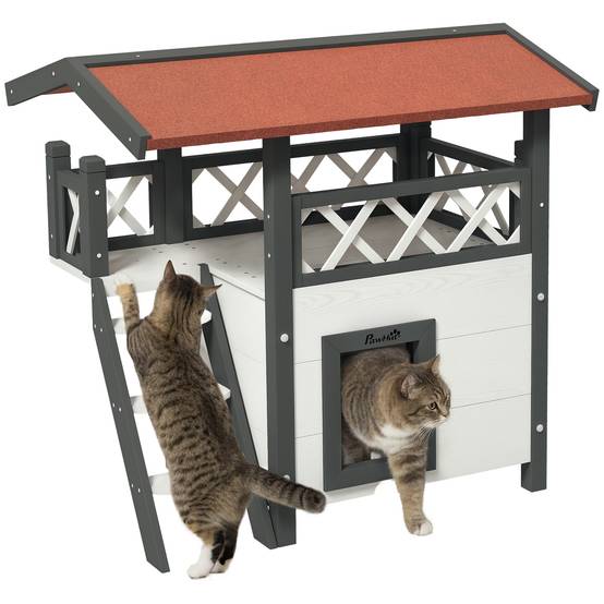 Maisonnette chat extérieur bois avec terrasse escalier abri 77x50x73cm - ComfortXL Outdoor Living - Image 1