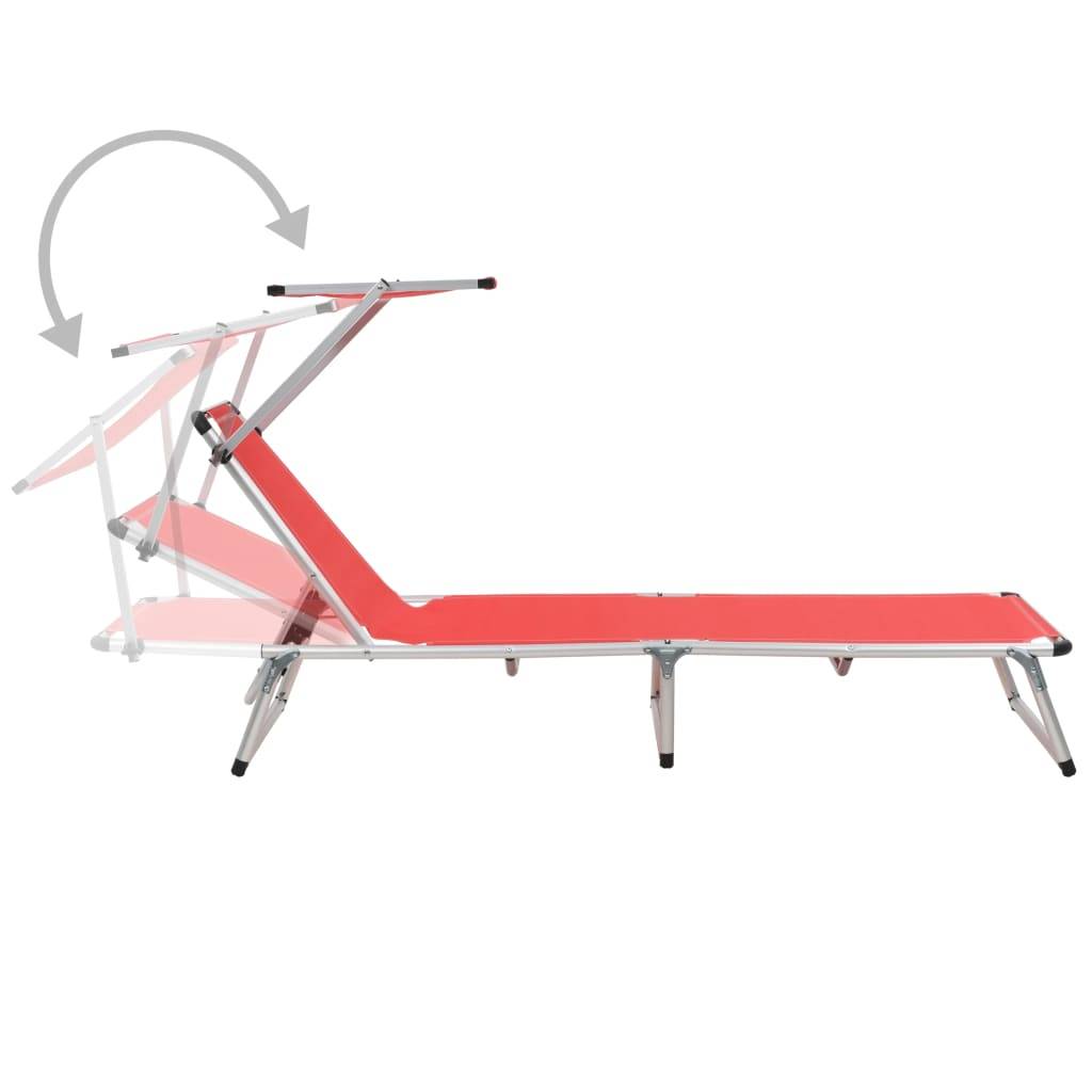 Chaise longue | Transat | Bain de soleil pliable avec toit aluminium et textilène rouge - Image 1