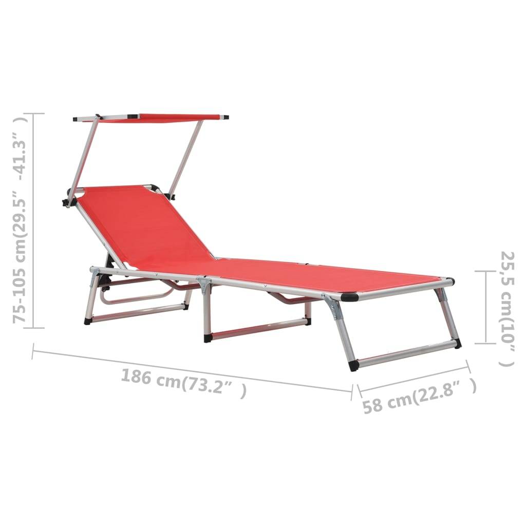 Chaise longue | Transat | Bain de soleil pliable avec toit aluminium et textilène rouge - Image 10
