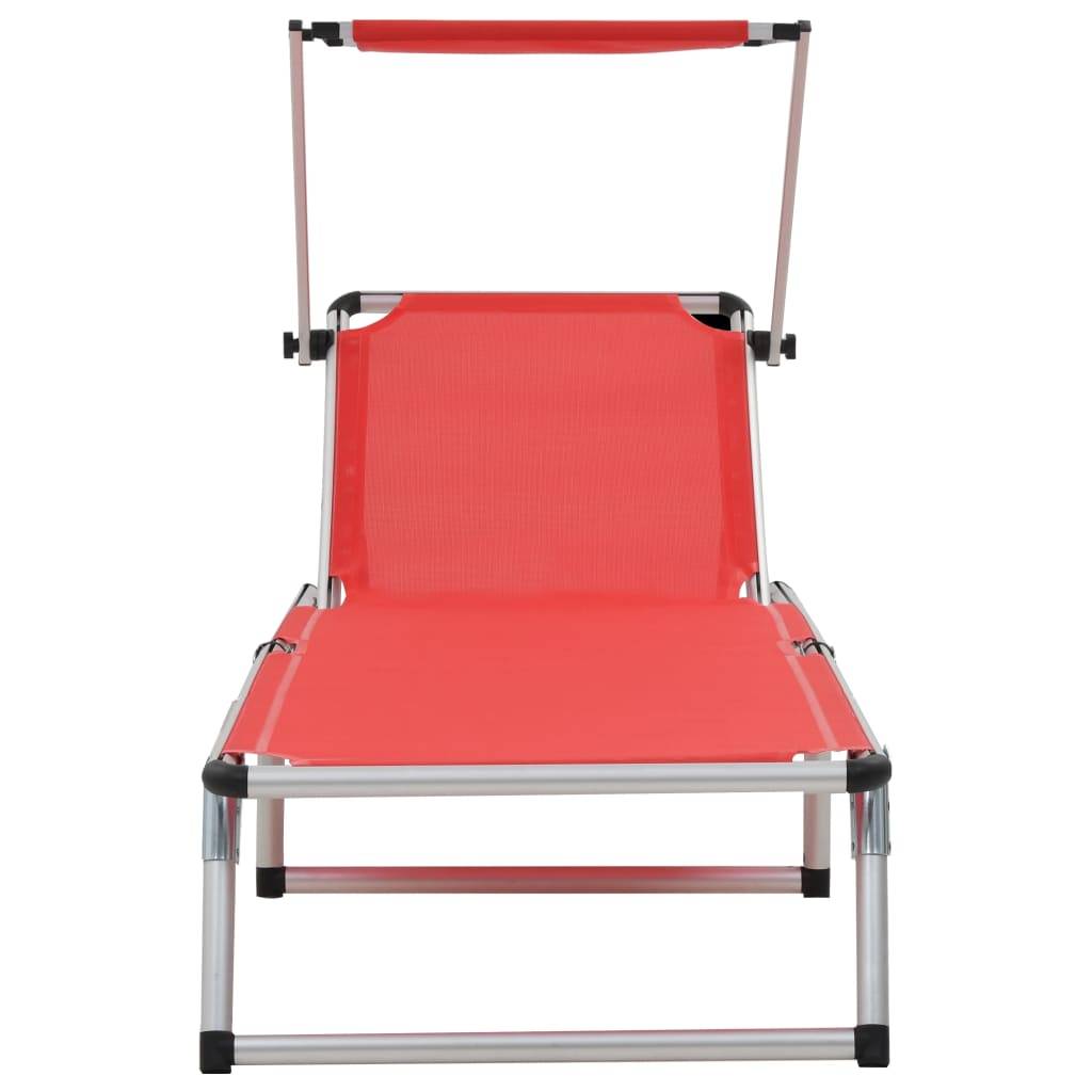 Chaise longue | Transat | Bain de soleil pliable avec toit aluminium et textilène rouge - Image 4