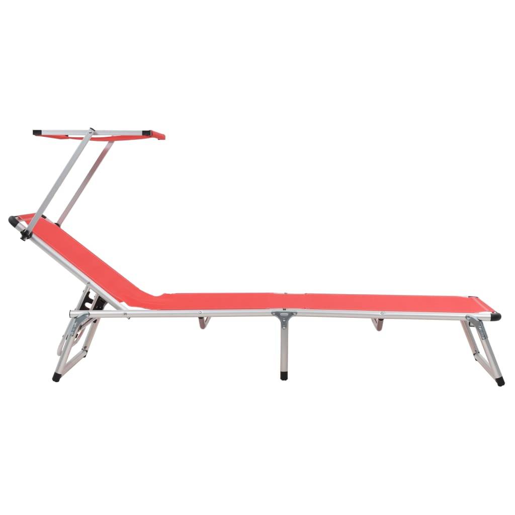 Chaise longue | Transat | Bain de soleil pliable avec toit aluminium et textilène rouge - Image 3