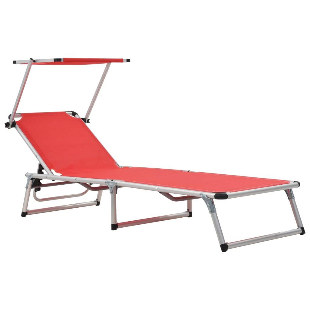 Chaise longue | Transat | Bain de soleil pliable avec toit aluminium et textilène rouge - Image 2
