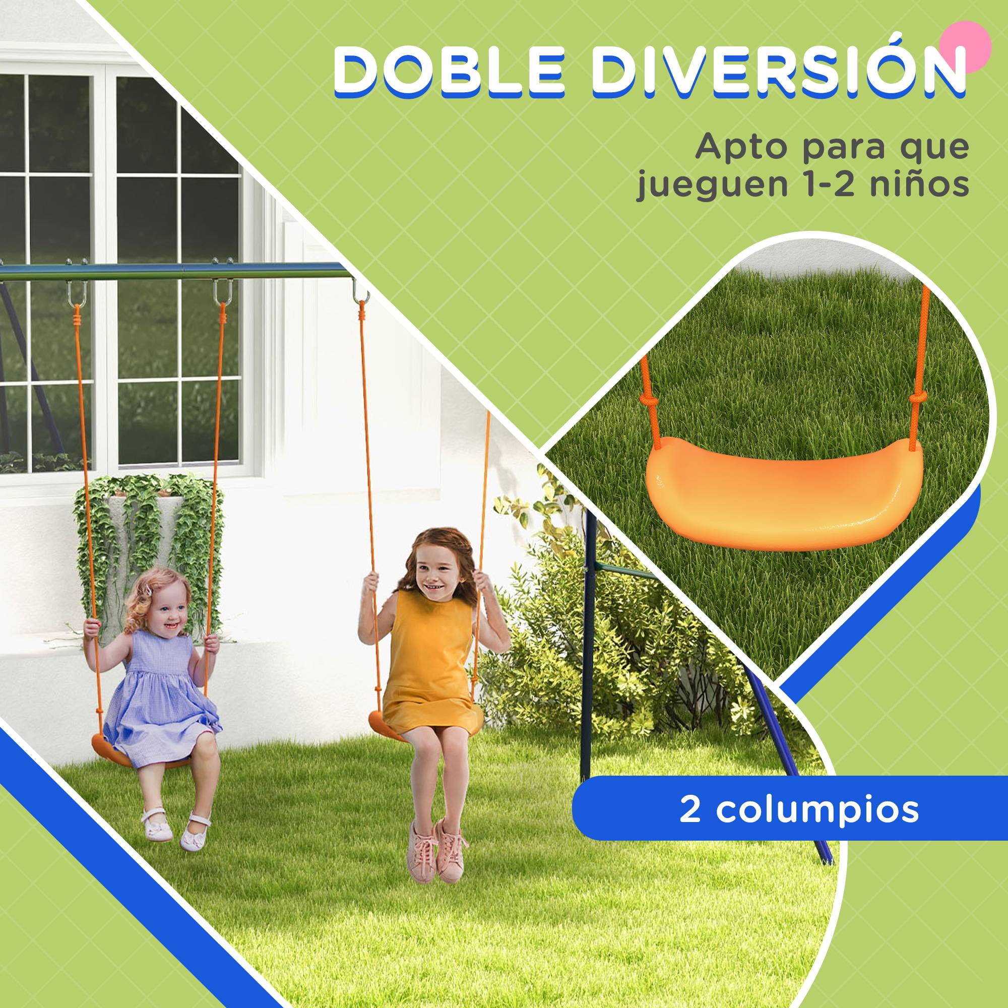 Balançoire multicolore 2 sièges structure métal anti-UV charge 90kg enfants 3–8 ans - Image 6