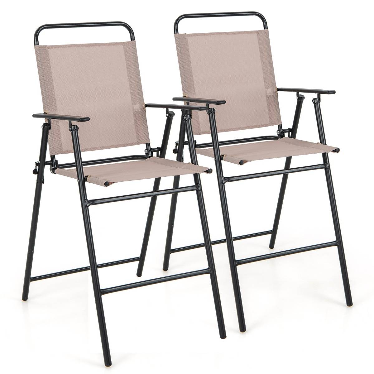 Lot de 2 Chaises D'extérieur Chaises de Bar Pliantes Tissu Respirant Cadre en Métal Accoudoirs Repose-pieds Beige - Image 1