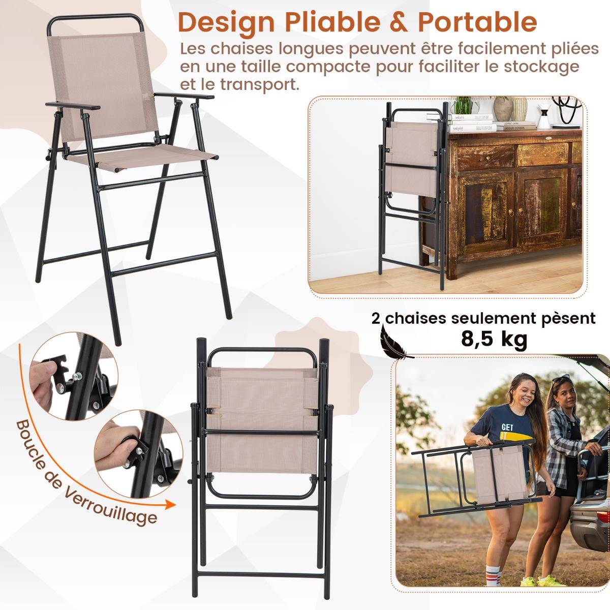 Lot de 2 Chaises D'extérieur Chaises de Bar Pliantes Tissu Respirant Cadre en Métal Accoudoirs Repose-pieds Beige - Image 7