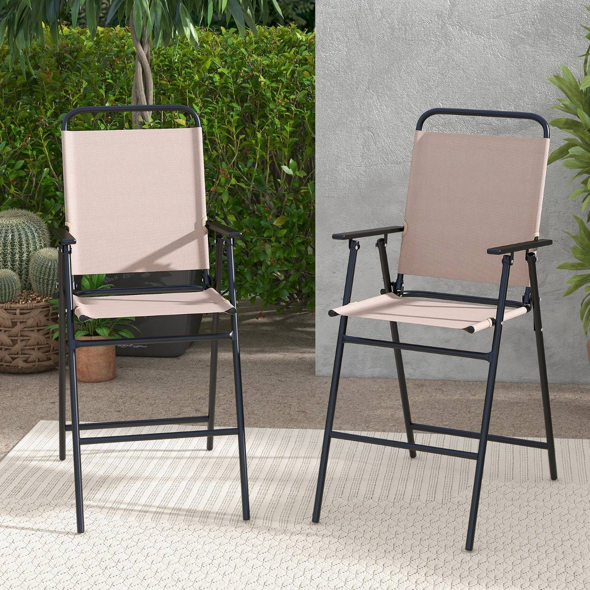 Lot de 2 Chaises D'extérieur Chaises de Bar Pliantes Tissu Respirant Cadre en Métal Accoudoirs Repose-pieds Beige - Image 2
