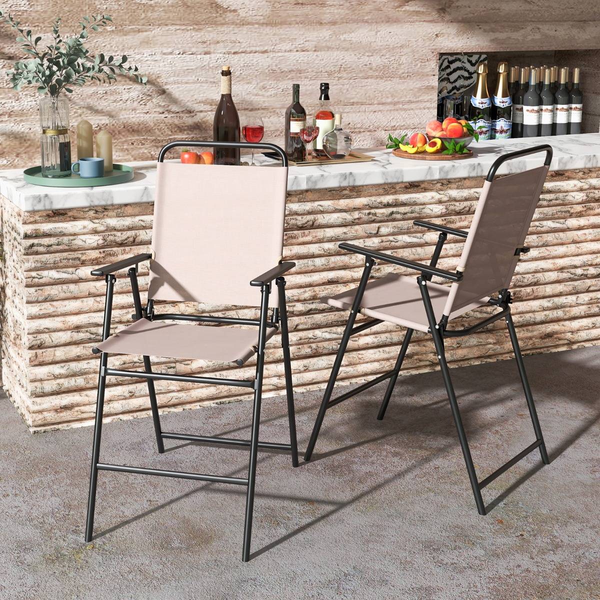 Lot de 2 Chaises D'extérieur Chaises de Bar Pliantes Tissu Respirant Cadre en Métal Accoudoirs Repose-pieds Beige - Image 3
