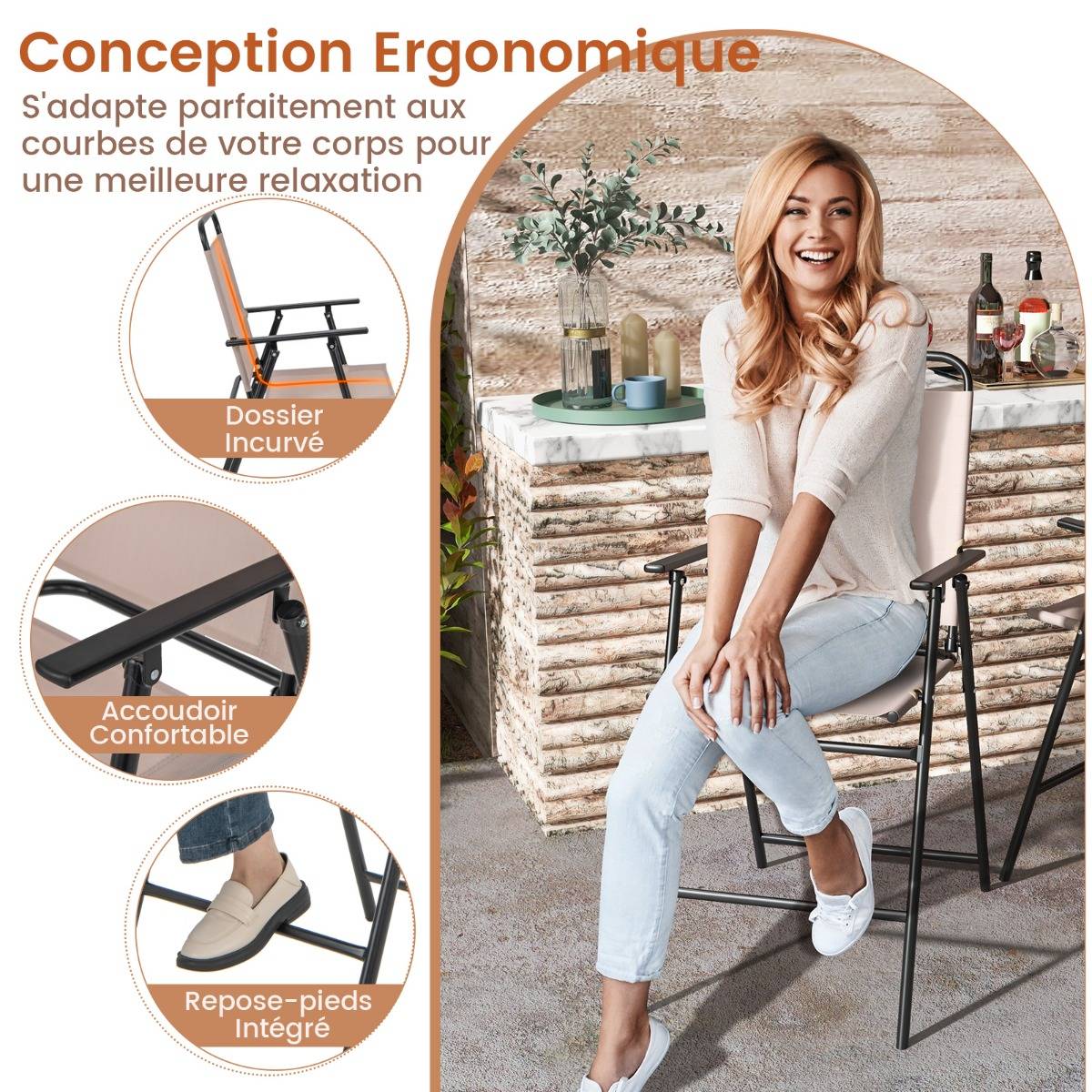 Lot de 2 Chaises D'extérieur Chaises de Bar Pliantes Tissu Respirant Cadre en Métal Accoudoirs Repose-pieds Beige - Image 4