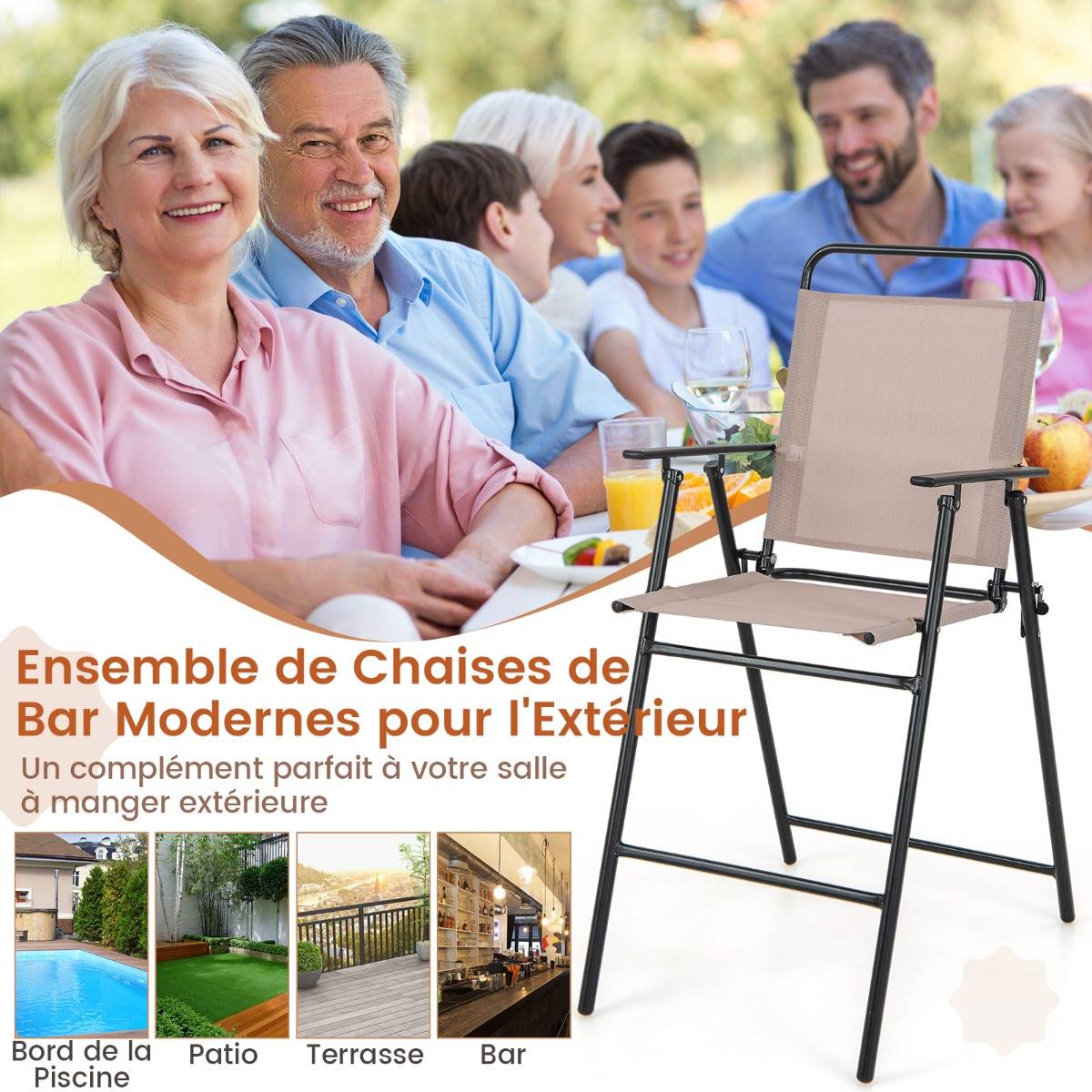 Lot de 2 Chaises D'extérieur Chaises de Bar Pliantes Tissu Respirant Cadre en Métal Accoudoirs Repose-pieds Beige - Image 8