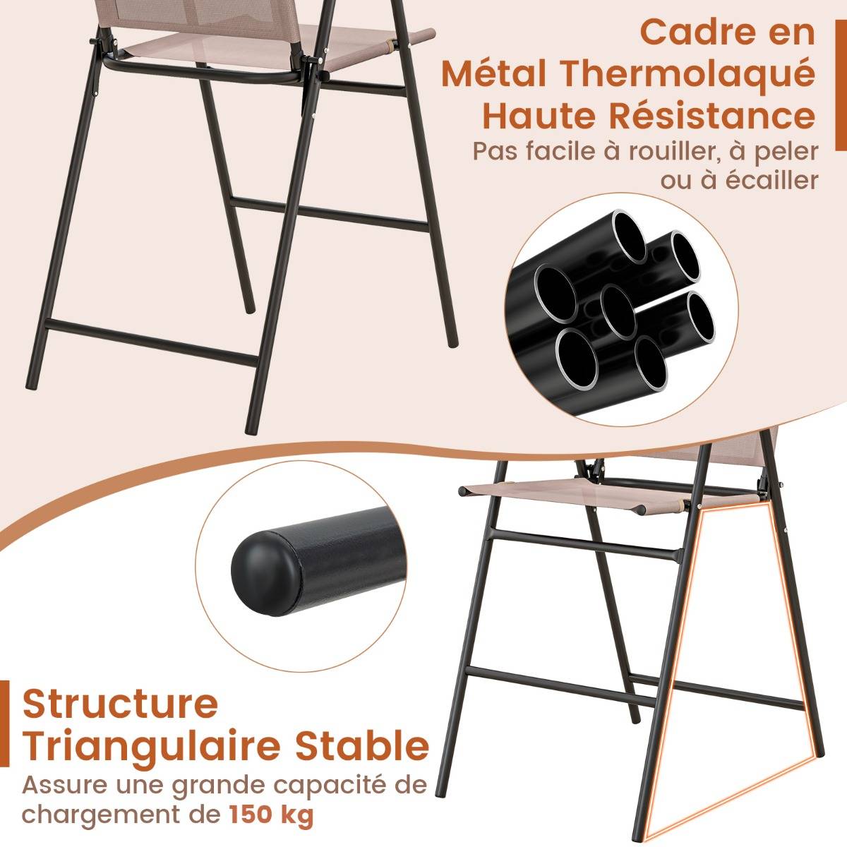 Lot de 2 Chaises D'extérieur Chaises de Bar Pliantes Tissu Respirant Cadre en Métal Accoudoirs Repose-pieds Beige - Image 6