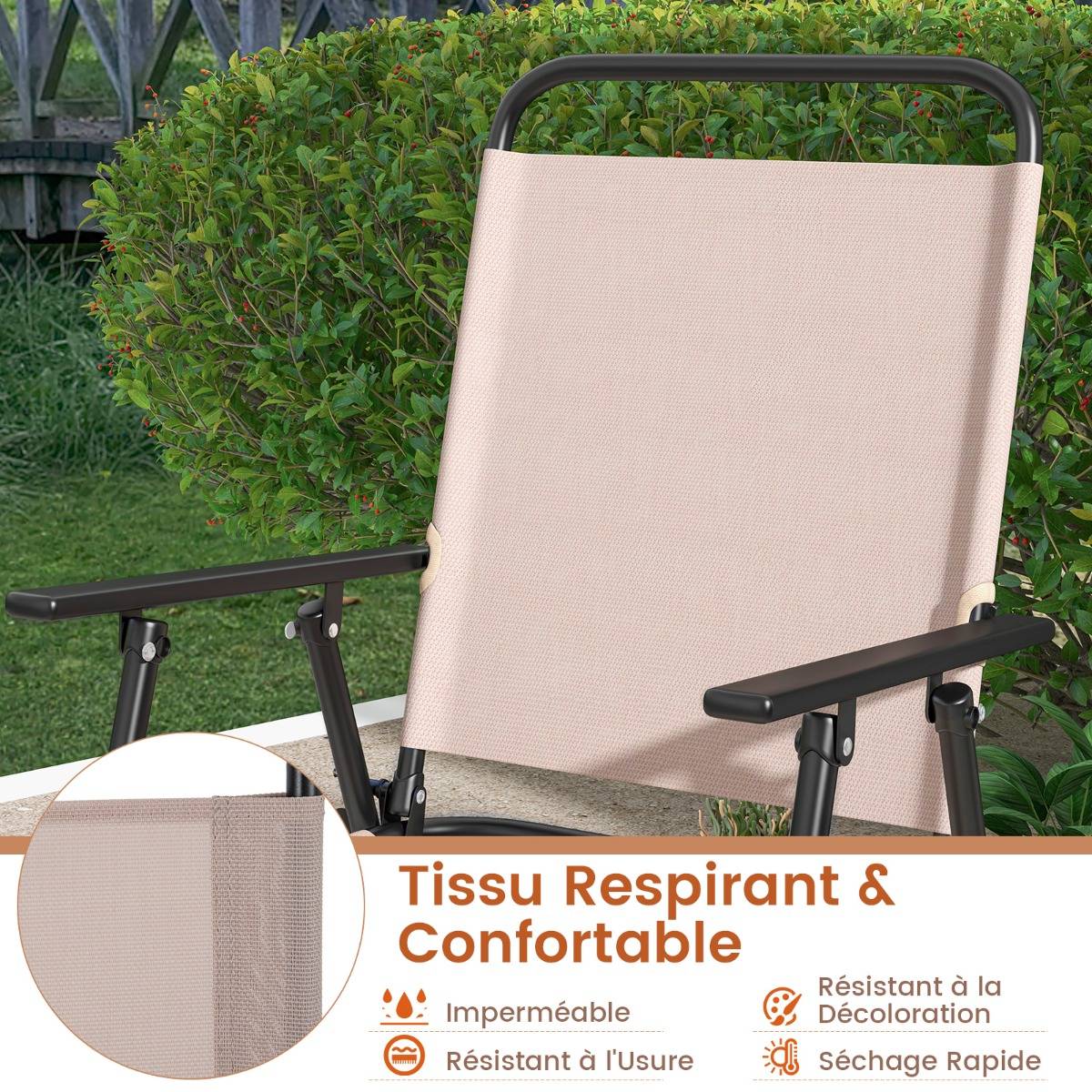 Lot de 2 Chaises D'extérieur Chaises de Bar Pliantes Tissu Respirant Cadre en Métal Accoudoirs Repose-pieds Beige - Image 5