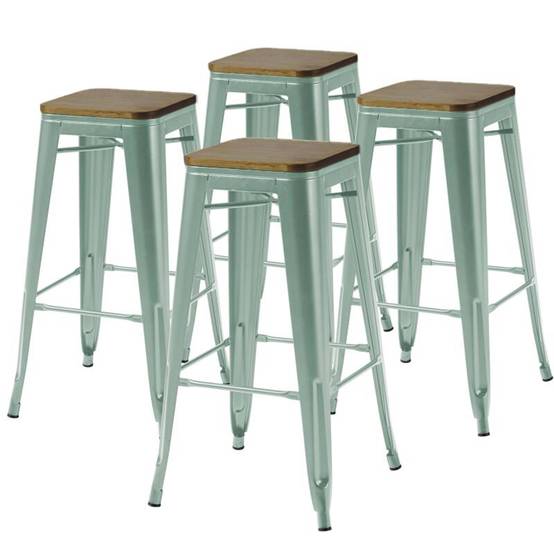 Oviala - Lot de 4 tabourets de bar en métal mat vert gris et bois Indus - Oviala - Image 1