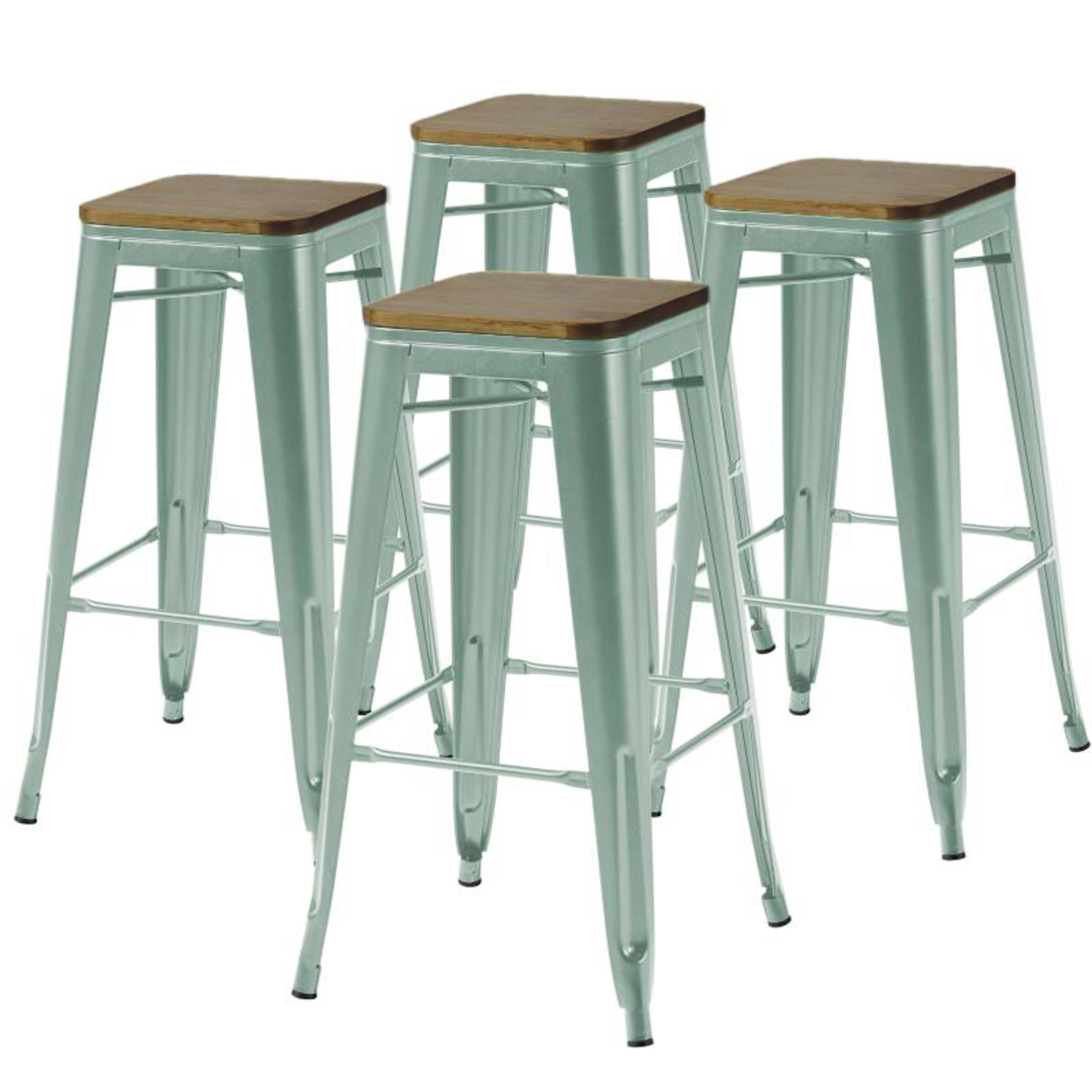 Oviala - Lot de 4 tabourets de bar en métal mat vert gris et bois Indus - Oviala - Image 1