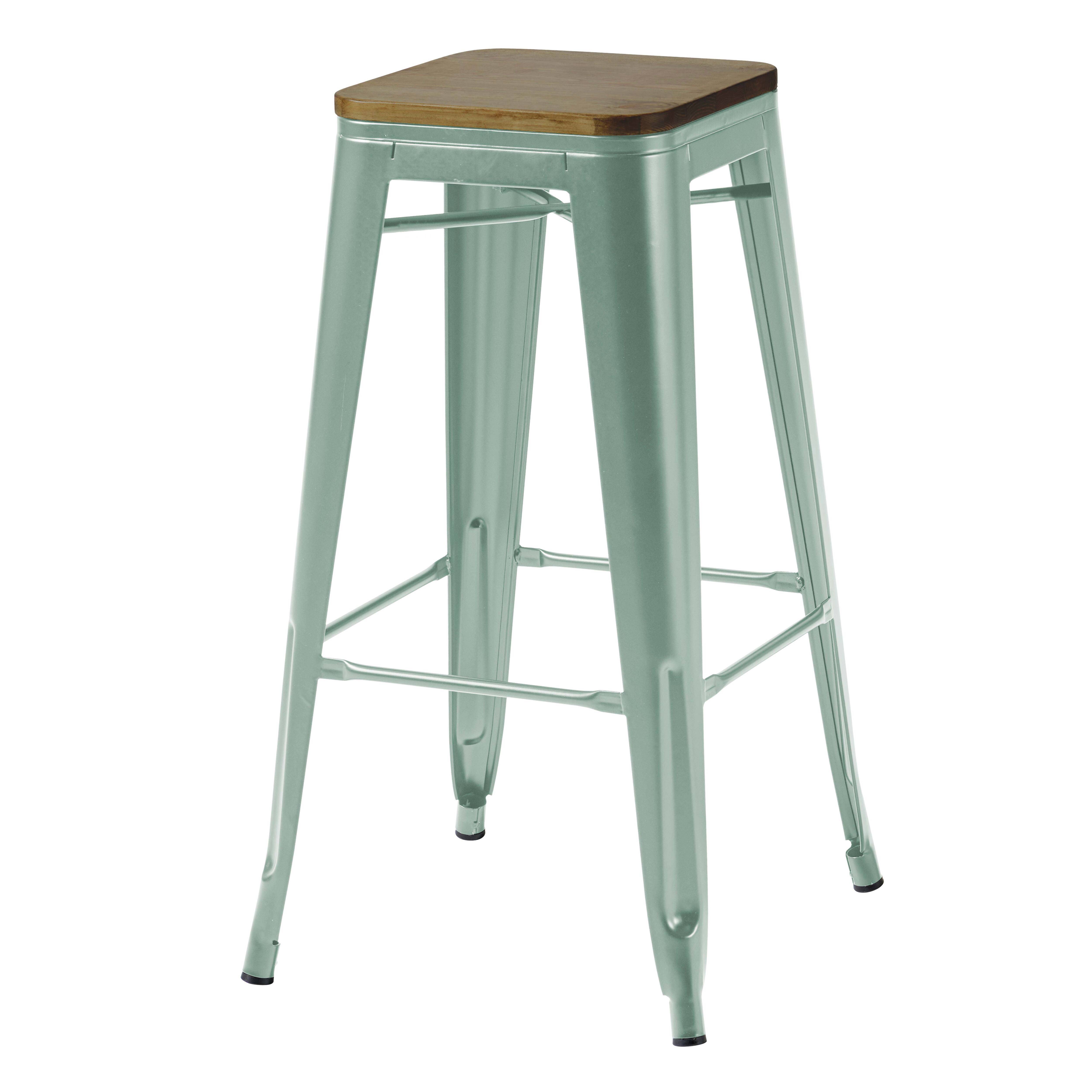 Oviala - Lot de 4 tabourets de bar en métal mat vert gris et bois Indus - Oviala - Image 2