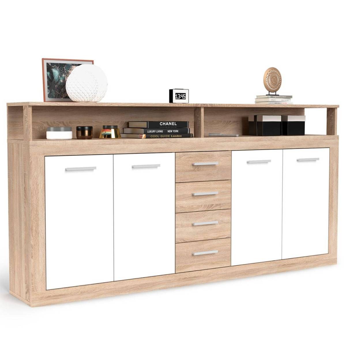 Buffet 4 Portes & 4 Tiroirs "Luna" 190cm Naturel & Blanc - Image 1