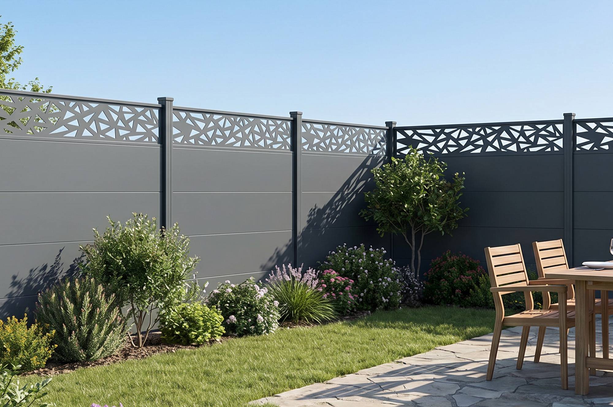 CASANOOV - Clôture aluminium lames larges 10m H.150 gris anthracite - ALPIS RUIVO motifs géométriques - Image 2