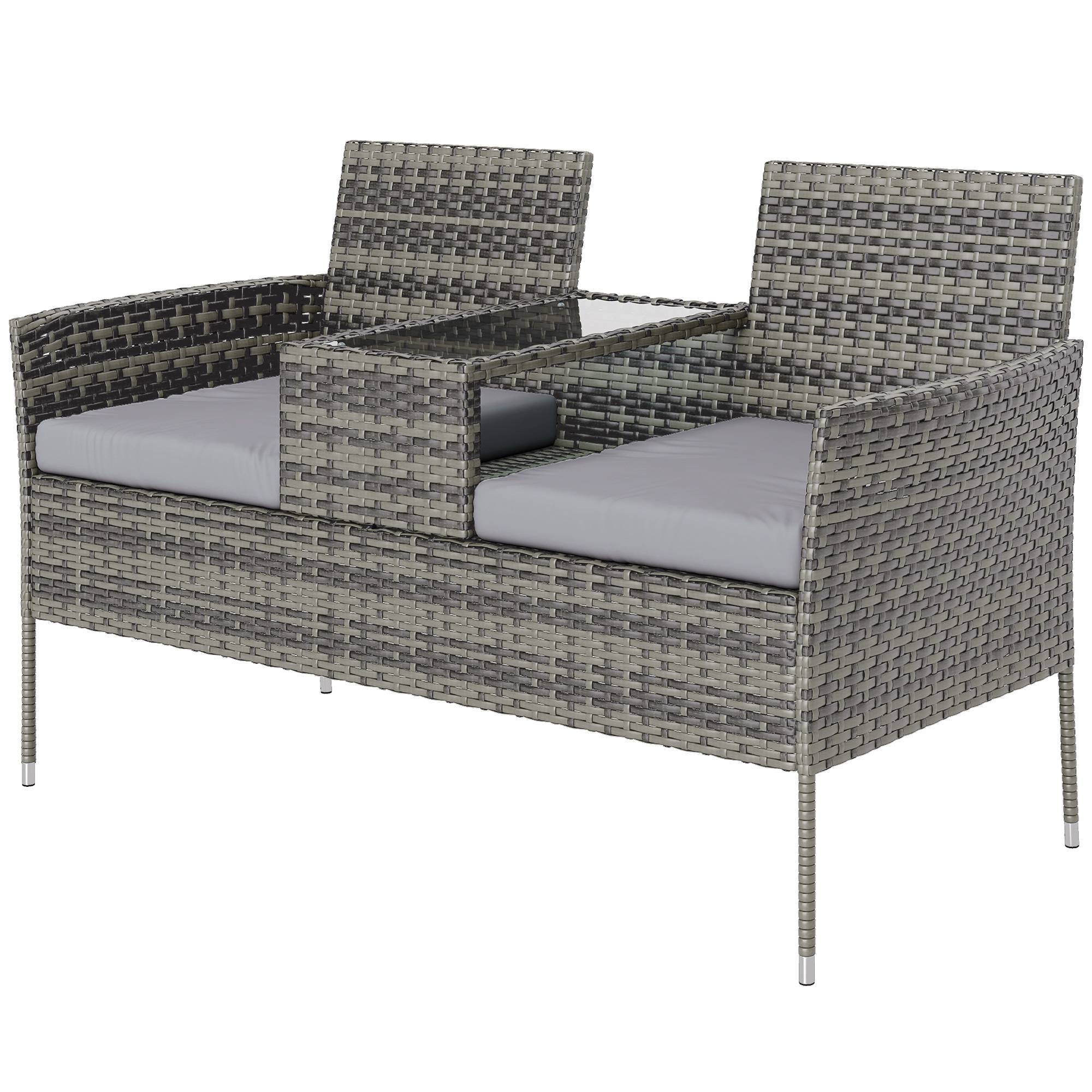 Banquette extérieure 2 places avec table basse, acier et rotin PE, 137x59x82cm, gris - Image 2