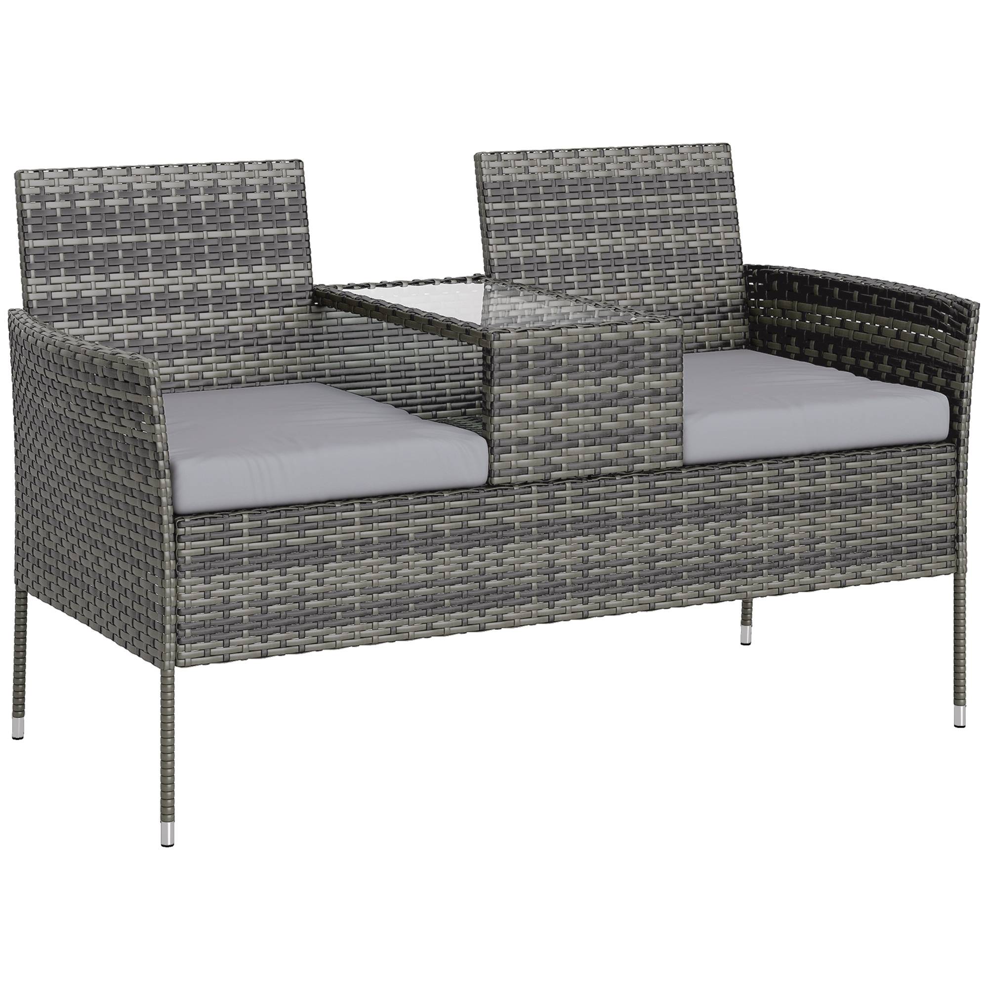 Banquette extérieure 2 places avec table basse, acier et rotin PE, 137x59x82cm, gris