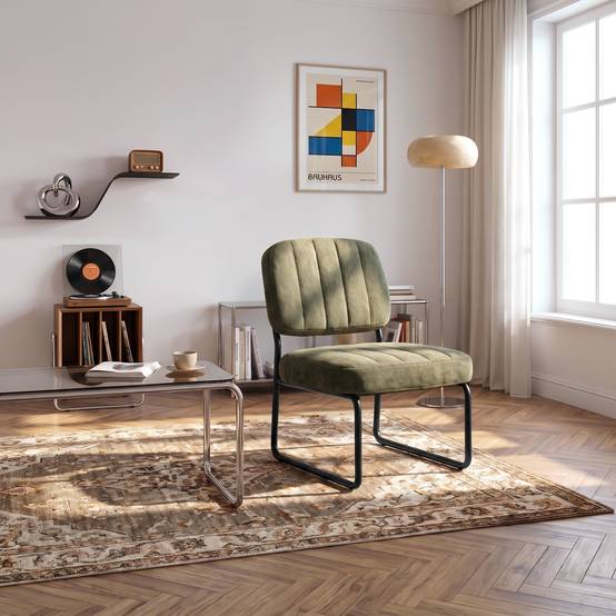 Sicaan Fauteuil kaki rembourré pieds métal noir et tissu chenille - PAOLA - Image 5