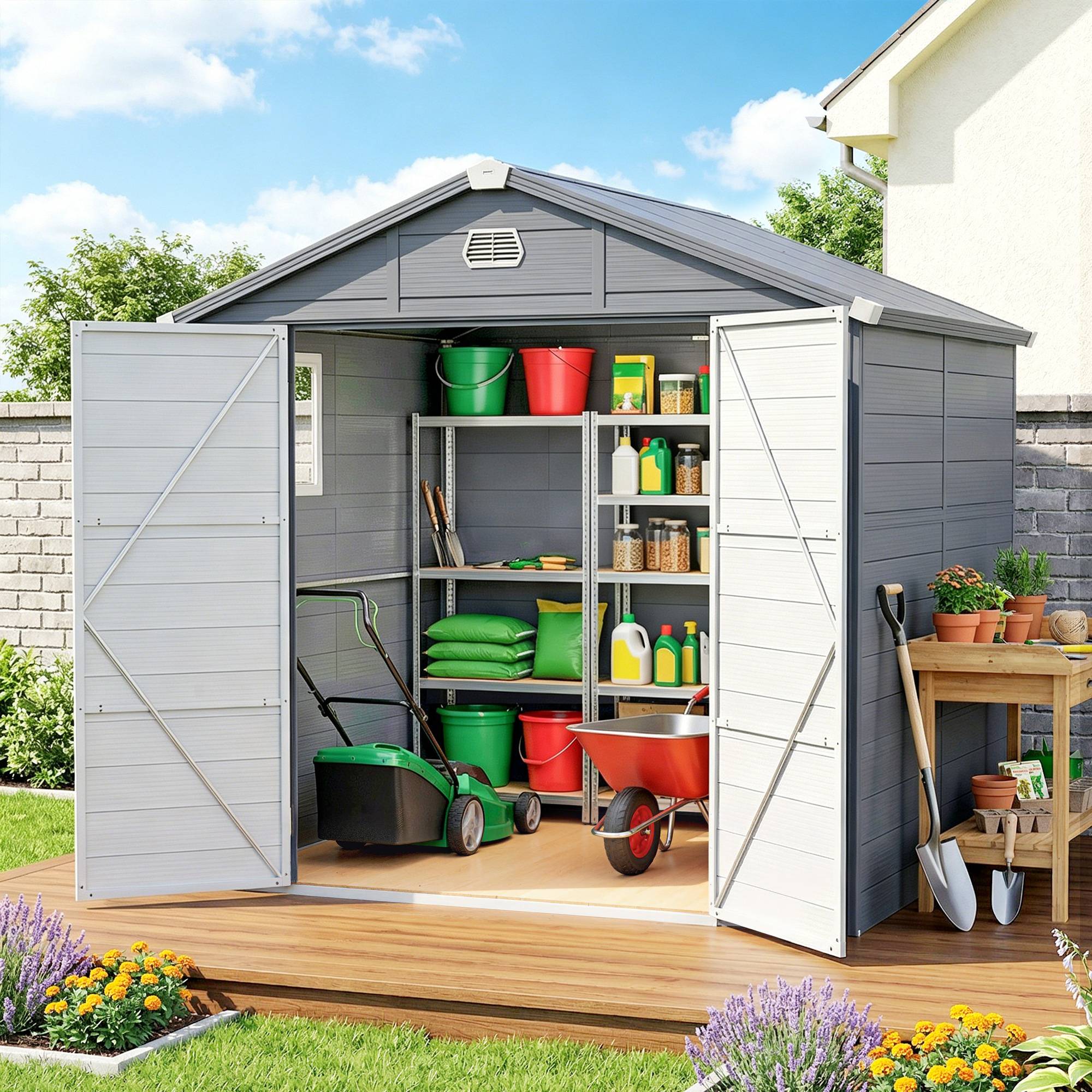 ComfortXL - Abri de jardin en plastique et aluminium 240 x 190 x 228 cm gris anthracite rangement extérieur sécurisé - Image 4